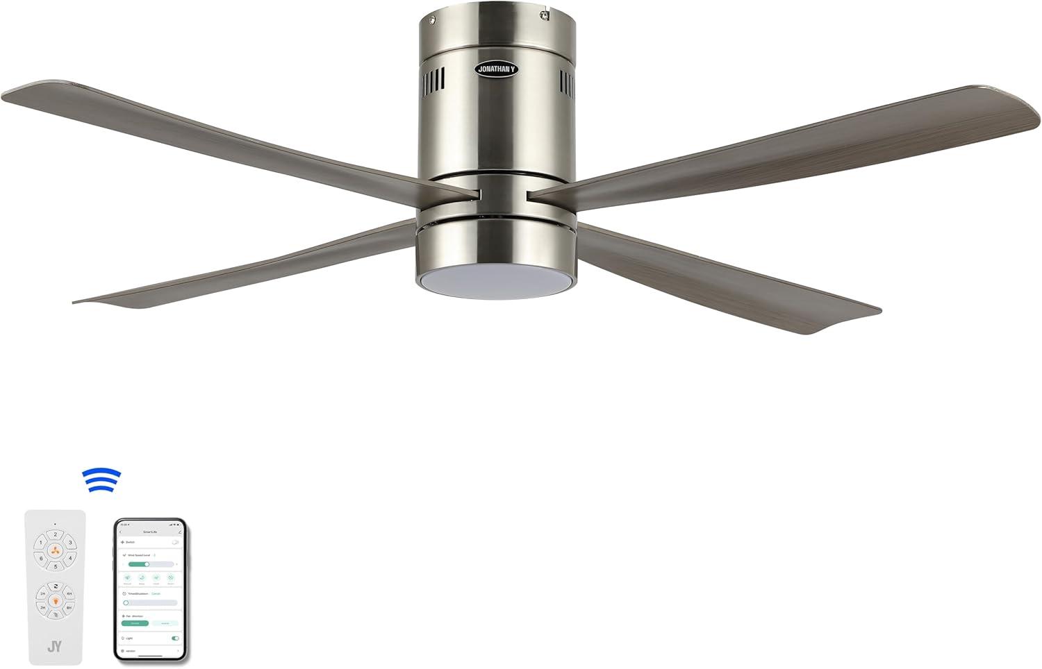 image:imageJONATHAN Y JYL9716A Theo 52 1Light Contemporary Minimalist IronAcrylic MobileAppRemoteControlled 6Speed LED Ceiling Fan NickelNeutral Brown Wood Finish for Living Room Bedroom Family RoomNickelGray Wood Finish