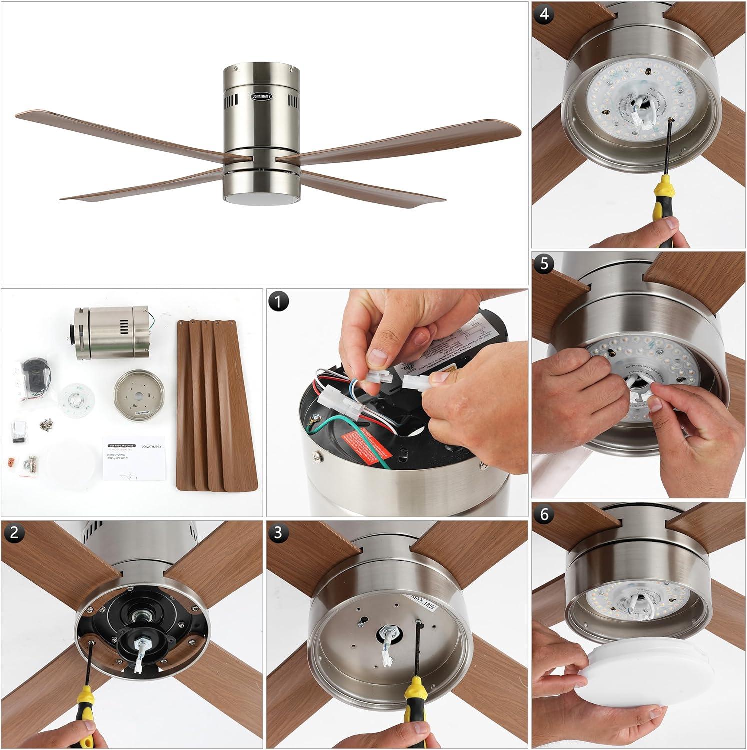image:imageJONATHAN Y JYL9716A Theo 52 1Light Contemporary Minimalist IronAcrylic MobileAppRemoteControlled 6Speed LED Ceiling Fan NickelNeutral Brown Wood Finish for Living Room Bedroom Family RoomNickelGray Wood Finish