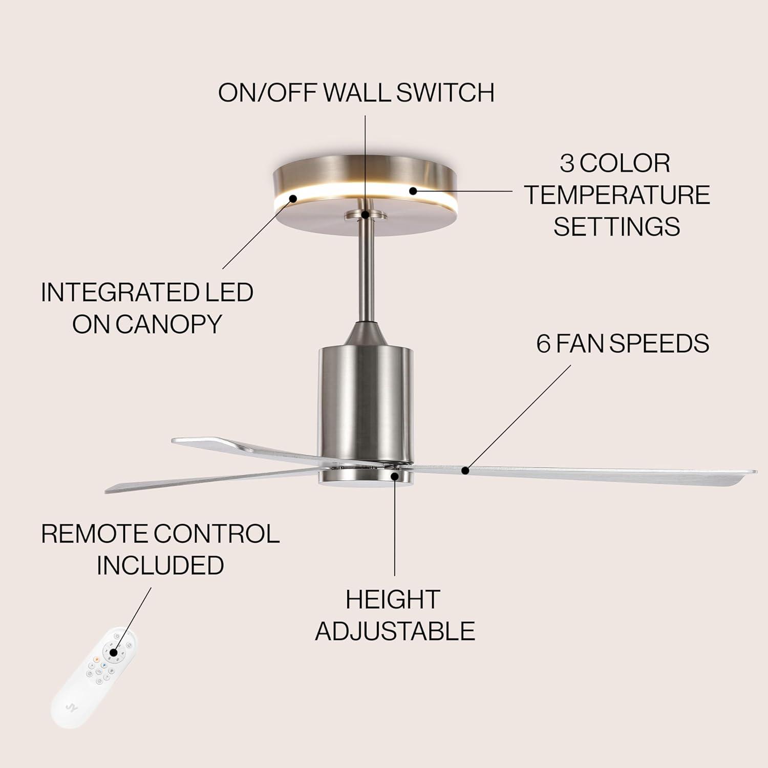 image:imageJONATHAN Y JYL9722B Levi 52 1Light Contemporary Minimalist 6Speed Iron Height Adjustable Integrated LED Ceiling Fan with Remote for Home Living Room Kitchen NickelNickel