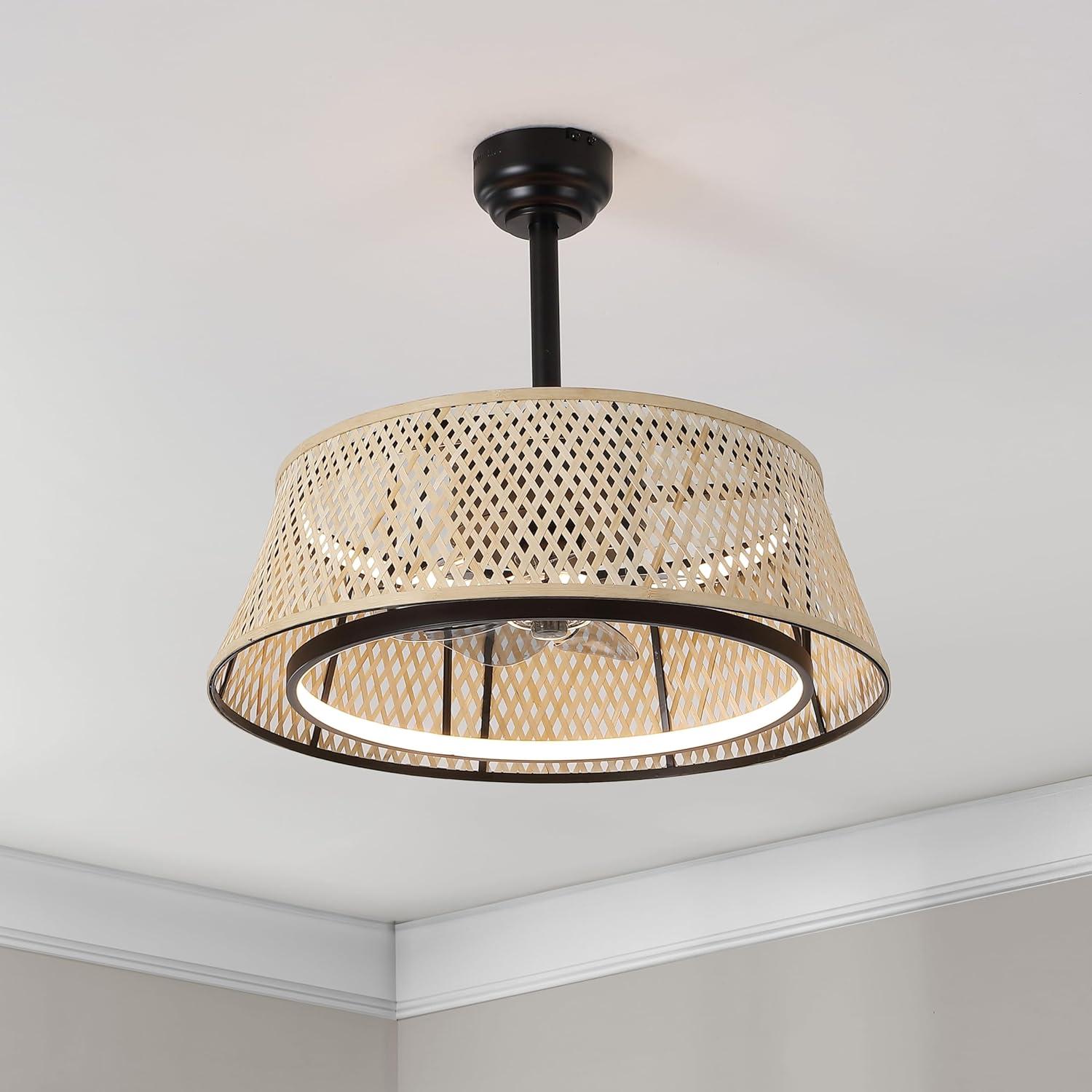 image:imageJONATHAN Y JYL9729A Cressida 2375 Traditional Bohemian 6Speed MetalBamboo MobileAppRemoteControlled HeightAdjustable Dimmable Caged Integrated LED Ceiling Fan Light BrownBlack