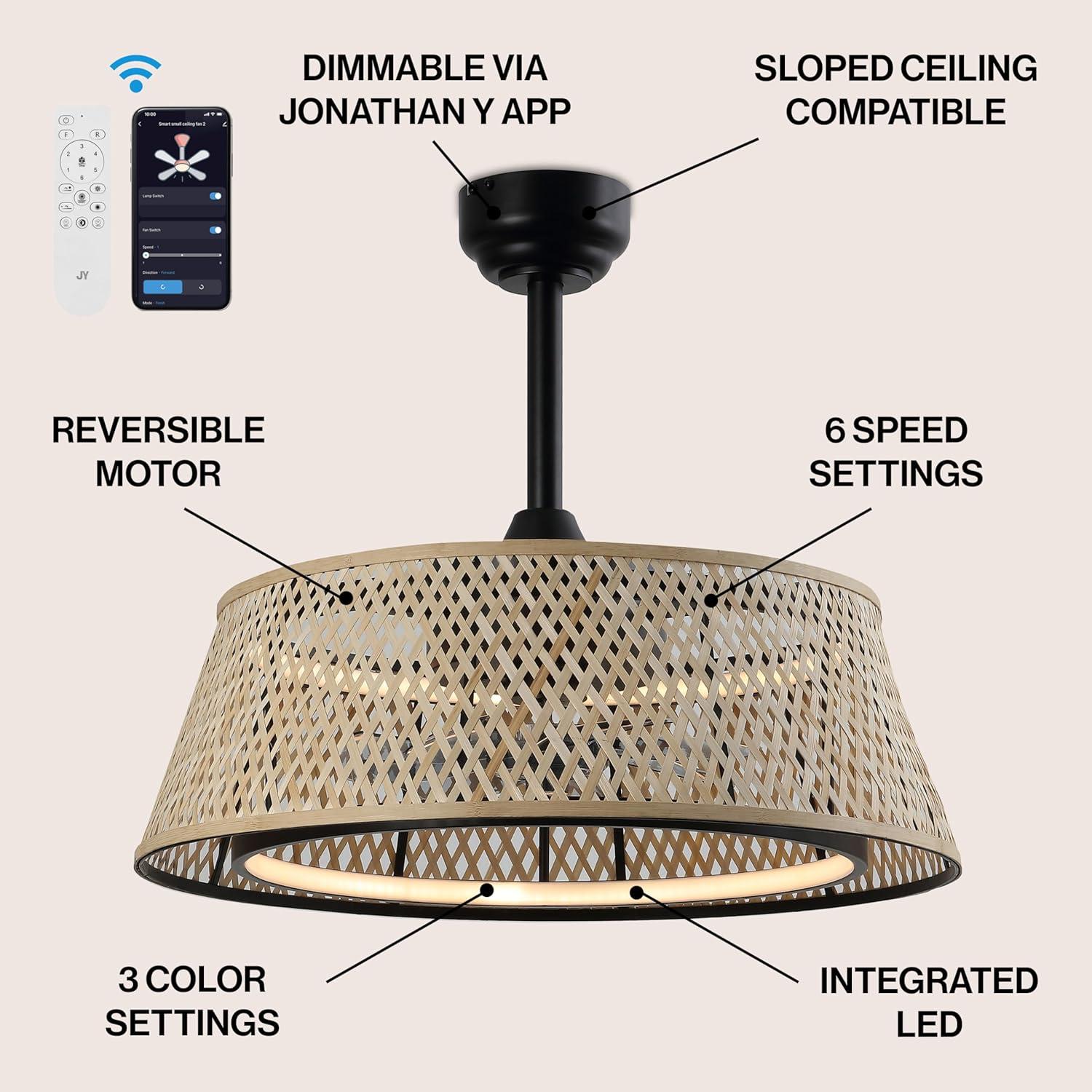 image:imageJONATHAN Y JYL9729A Cressida 2375 Traditional Bohemian 6Speed MetalBamboo MobileAppRemoteControlled HeightAdjustable Dimmable Caged Integrated LED Ceiling Fan Light BrownBlack