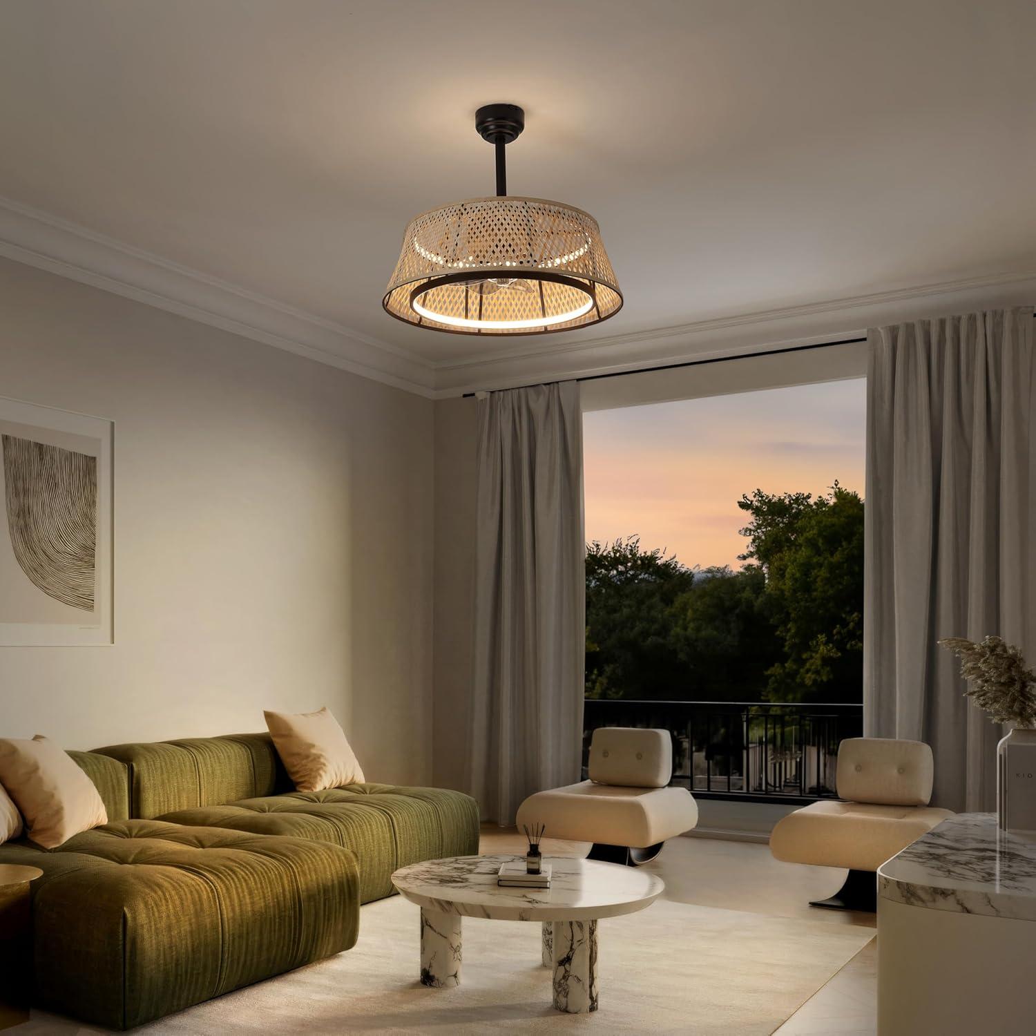 image:imageJONATHAN Y JYL9729A Cressida 2375 Traditional Bohemian 6Speed MetalBamboo MobileAppRemoteControlled HeightAdjustable Dimmable Caged Integrated LED Ceiling Fan Light BrownBlack