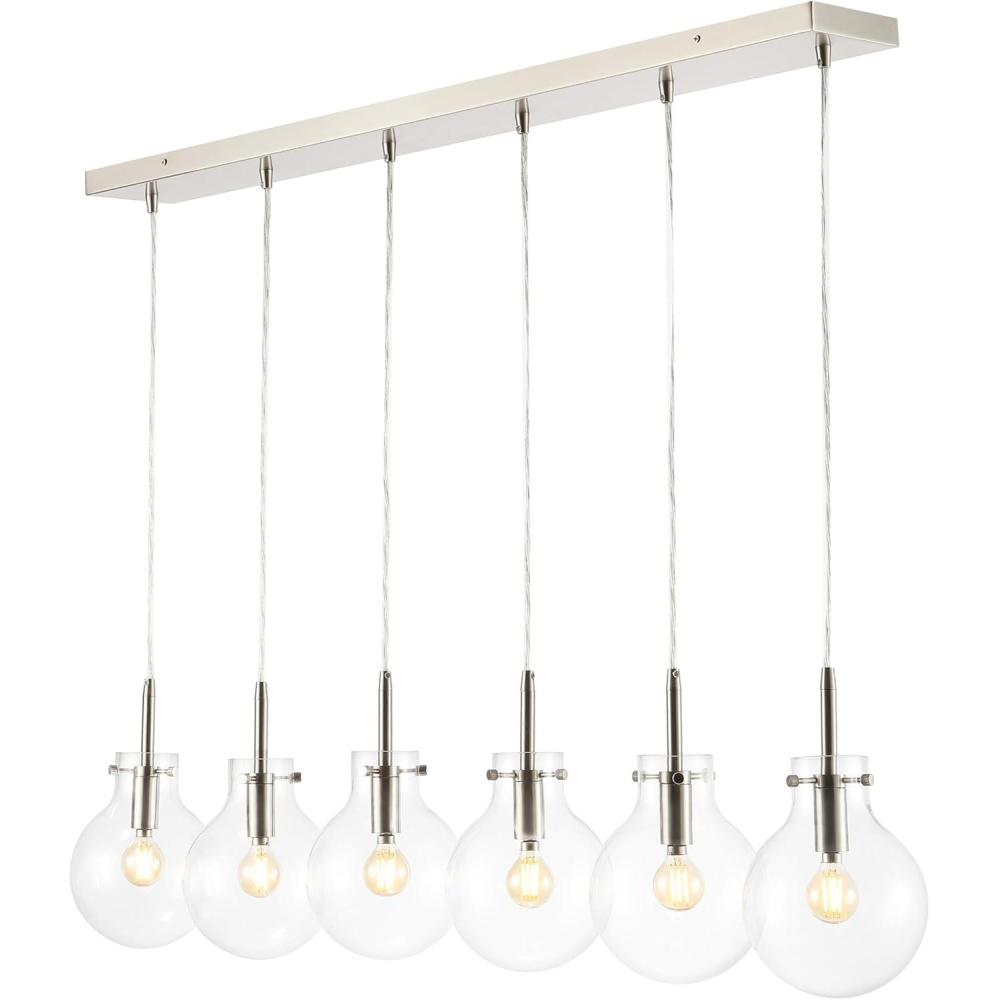 image:imageJONATHAN Y JYL1326A 405 Modern 6Light Linear Pendant Light Contemporary Nickel Kitchen Island Chandelier with Clear Glass Globe Shades for Dining Room Dimmable 6 LED Bulbs Included