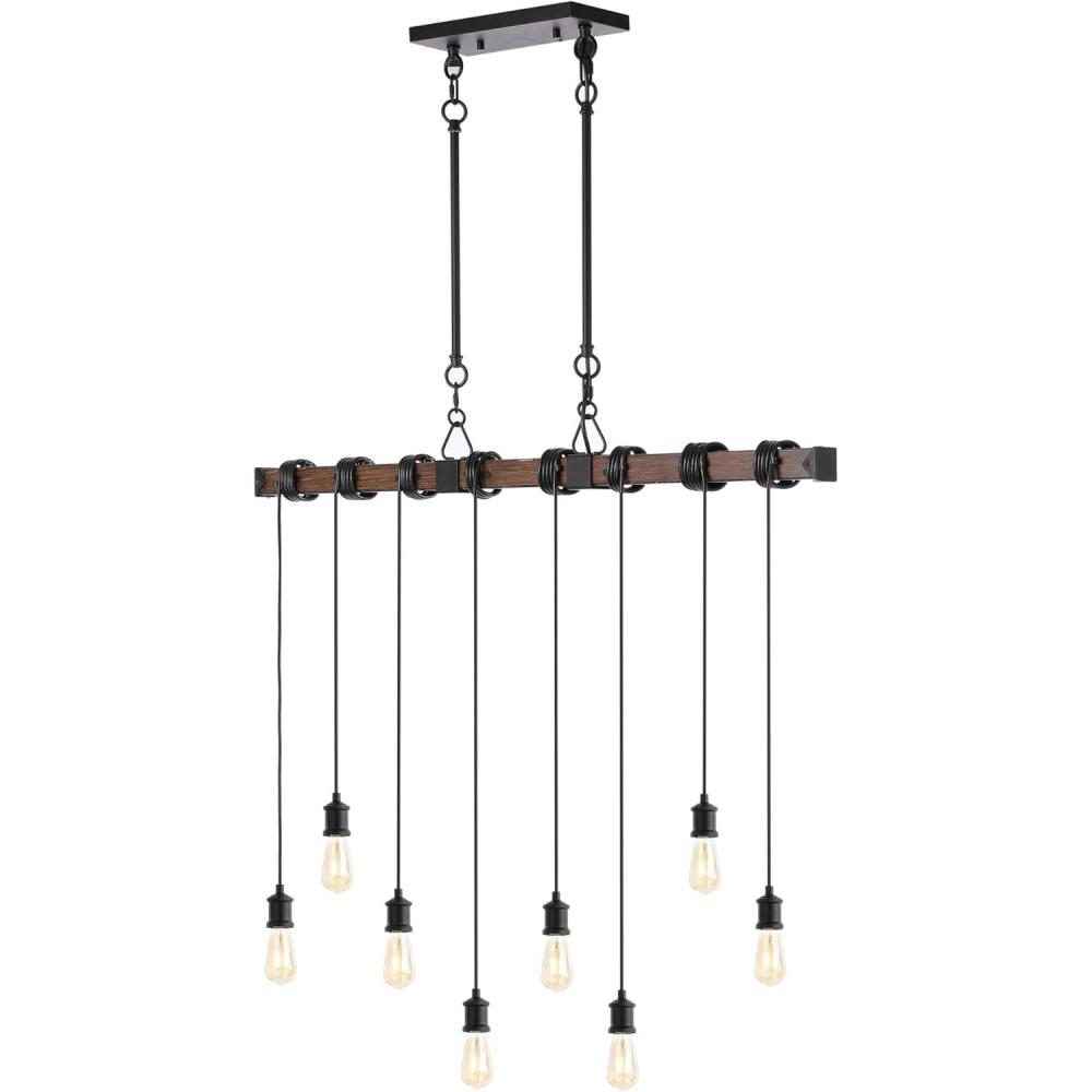 image:imageJONATHAN Y JYL1330A Rhys 40 8Light Vintage Industrial Driftwood Iron LED Linear Chandelier with Height Adjustable Bulbs for Bedroom Living Room Kitchen Office Brown Wood FinishBlack