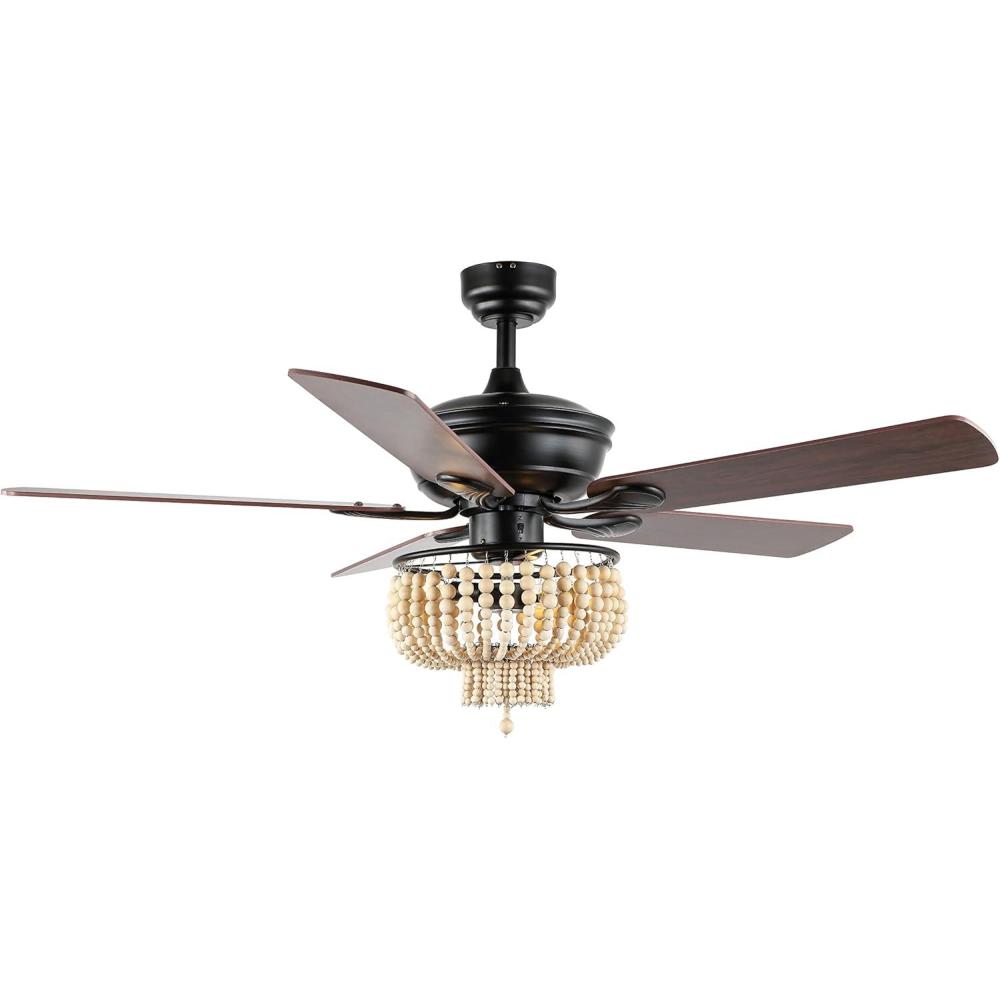image:imageJONATHAN Y JYL9617A Opal Farmhouse Rustic Wood Bead Shade LED Ceiling Fan with Remote for Bedroom Living Room Dining Room 52 3 Light Black