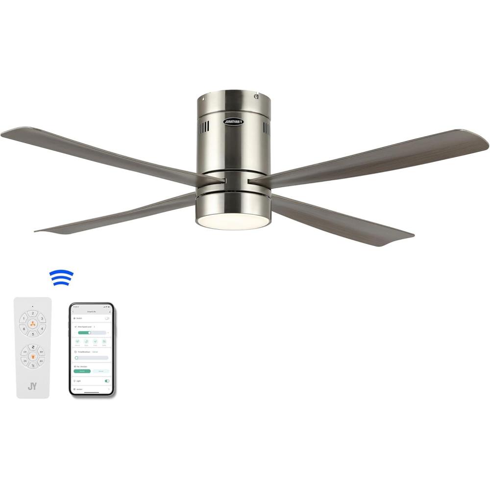 image:imageJONATHAN Y JYL9716A Theo 52 1Light Contemporary Minimalist IronAcrylic MobileAppRemoteControlled 6Speed LED Ceiling Fan NickelNeutral Brown Wood Finish for Living Room Bedroom Family RoomNickelGray Wood Finish