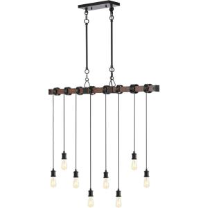 JONATHAN Y JYL1330A Rhys 40″ 8-Light Vintage Industrial Driftwood Iron LED Linear Chandelier with Height Adjustable Bulbs, for Bedroom, Living Room, Kitchen, Office, Brown Wood Finish/Black