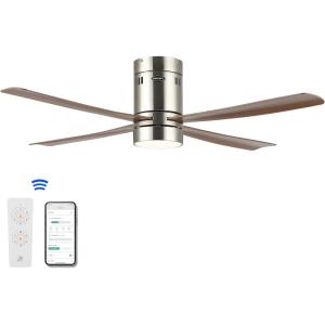 JONATHAN Y JYL9716A Theo 52″ 1-Light Contemporary Minimalist Iron/Acrylic Mobile-App/Remote-Controlled 6-Speed LED Ceiling Fan, Nickel/Neutral Brown Wood Finish for Living Room, Bedroom, Family Room(Nickel/Neutral Brown Wood Finish)