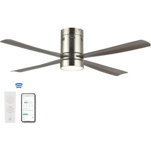 JONATHAN Y JYL9716A Theo 52″ 1-Light Contemporary Minimalist Iron/Acrylic Mobile-App/Remote-Controlled 6-Speed LED Ceiling Fan, Nickel/Neutral Brown Wood Finish for Living Room, Bedroom, Family Room(Nickel/Gray Wood Finish)