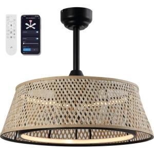 JONATHAN Y JYL9729A Cressida 23.75″ Traditional Bohemian 6-Speed Metal/Bamboo Mobile-App/Remote-Controlled Height-Adjustable Dimmable Caged Integrated LED Ceiling Fan, Light Brown/Black