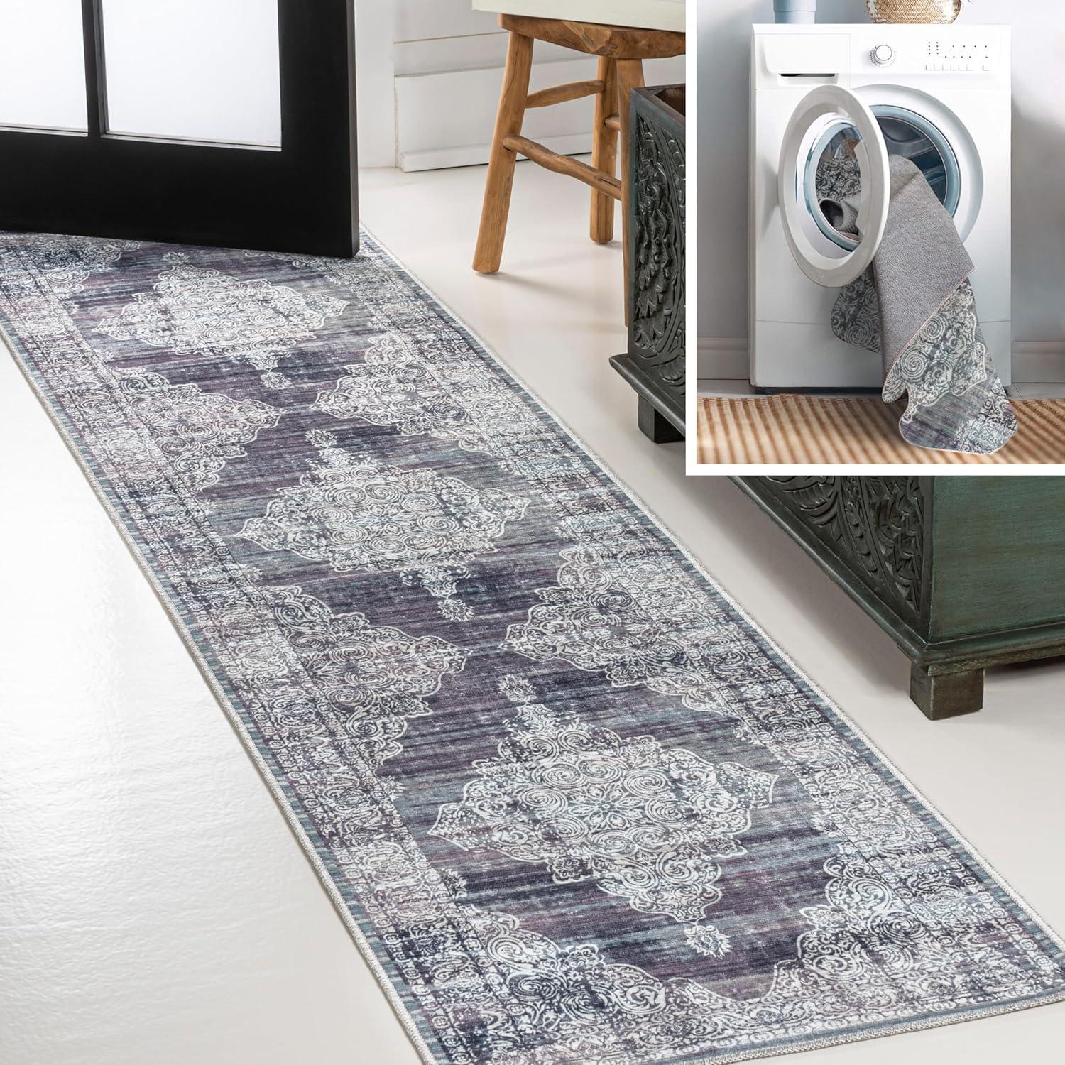 image:imageJONATHAN Y Machine Washable Blue Indoor Area Rug 5X8 ft Regis Bohemian Medallion for Living Room Bedroom Kitchen Office EasyCleaning High Traffic PetFriendly NonShedding WSH107A5RegispurpleCream