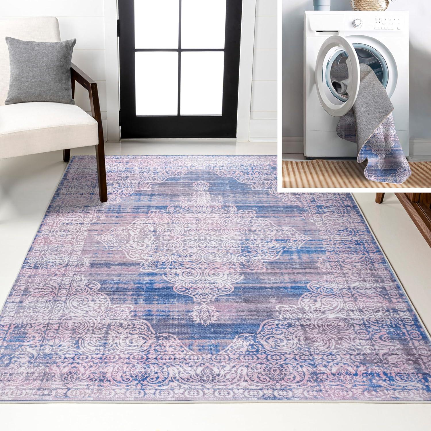 image:imageJONATHAN Y Machine Washable Blue Indoor Area Rug 5X8 ft Regis Bohemian Medallion for Living Room Bedroom Kitchen Office EasyCleaning High Traffic PetFriendly NonShedding WSH107A5Regisblue