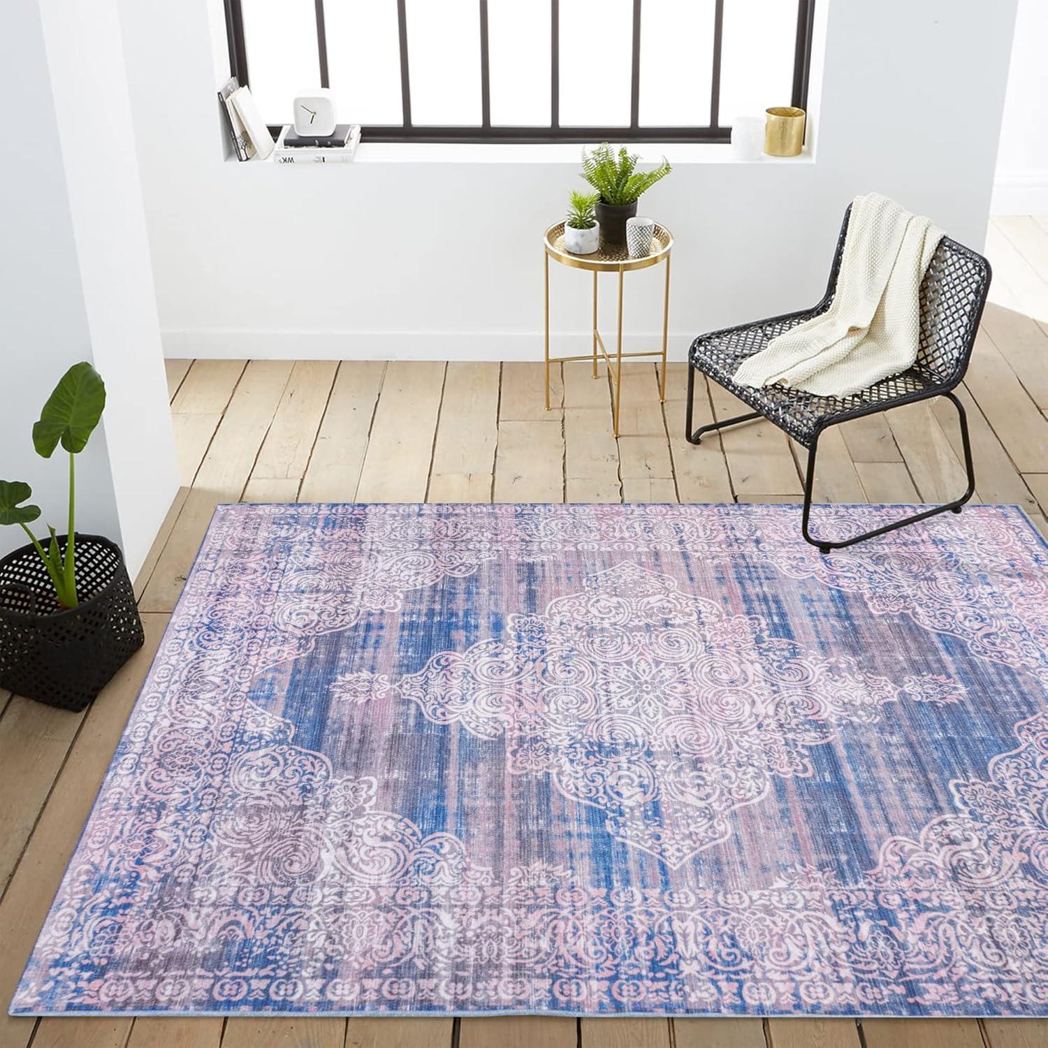 image:imageJONATHAN Y Machine Washable Blue Indoor Area Rug 5X8 ft Regis Bohemian Medallion for Living Room Bedroom Kitchen Office EasyCleaning High Traffic PetFriendly NonShedding WSH107A5Regisblue
