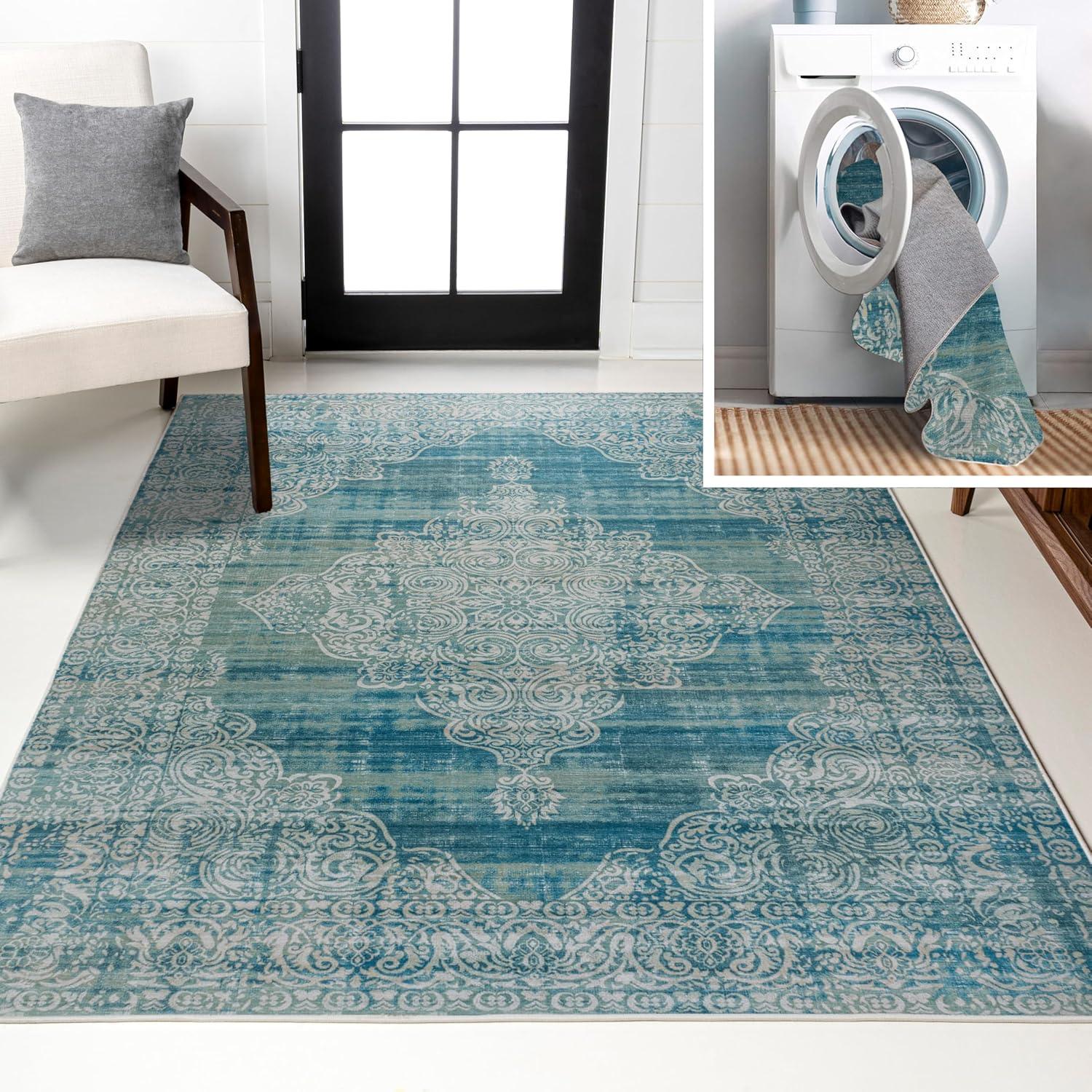 image:imageJONATHAN Y Machine Washable Blue Indoor Area Rug 5X8 ft Regis Bohemian Medallion for Living Room Bedroom Kitchen Office EasyCleaning High Traffic PetFriendly NonShedding WSH107A5RegistealCream