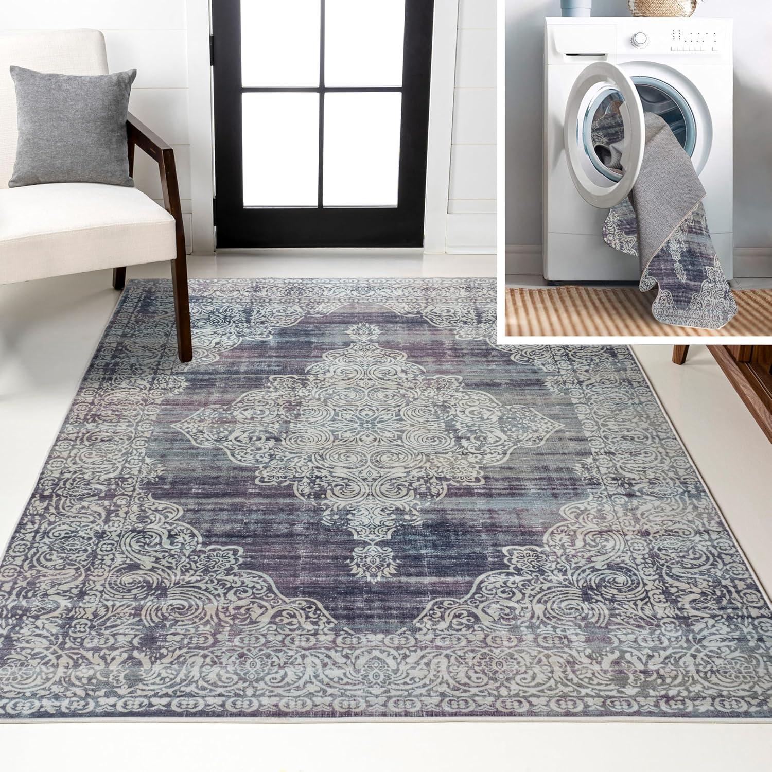 image:imageJONATHAN Y Machine Washable Blue Indoor Area Rug 5X8 ft Regis Bohemian Medallion for Living Room Bedroom Kitchen Office EasyCleaning High Traffic PetFriendly NonShedding WSH107A5RegispurpleCream