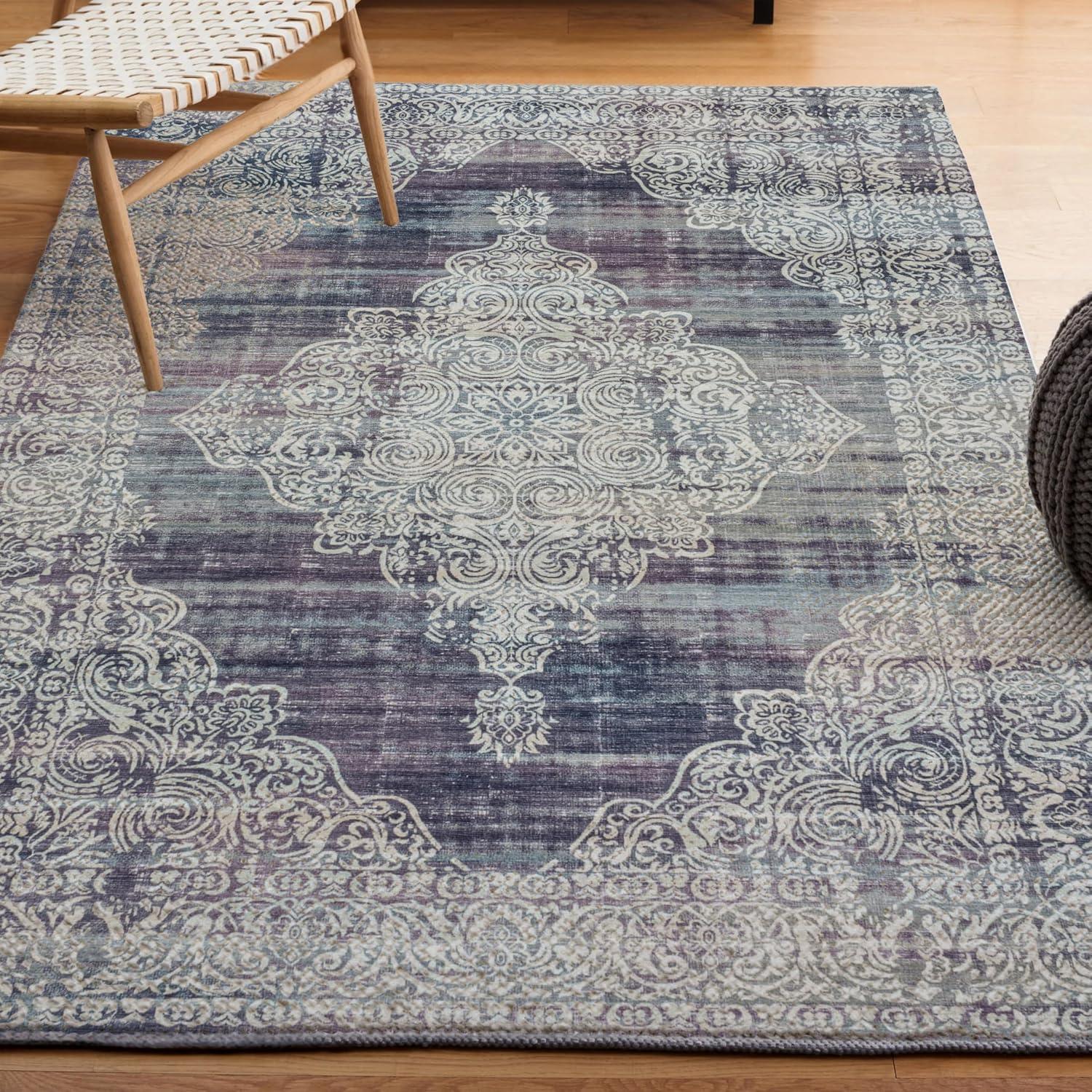 image:imageJONATHAN Y Machine Washable Blue Indoor Area Rug 5X8 ft Regis Bohemian Medallion for Living Room Bedroom Kitchen Office EasyCleaning High Traffic PetFriendly NonShedding WSH107A5RegispurpleCream