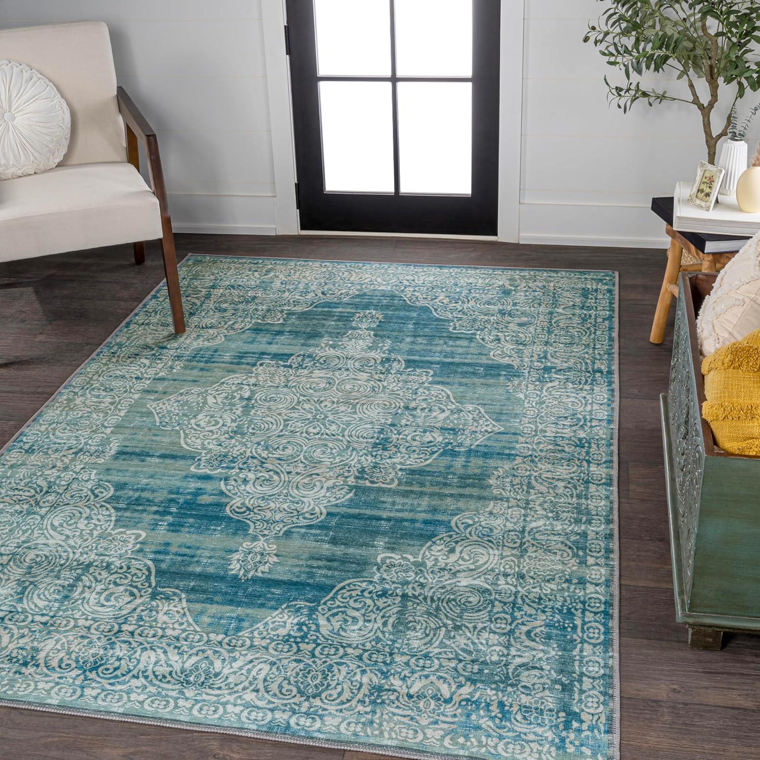 image:imageJONATHAN Y Machine Washable Blue Indoor Area Rug 5X8 ft Regis Bohemian Medallion for Living Room Bedroom Kitchen Office EasyCleaning High Traffic PetFriendly NonShedding WSH107A5RegistealCream