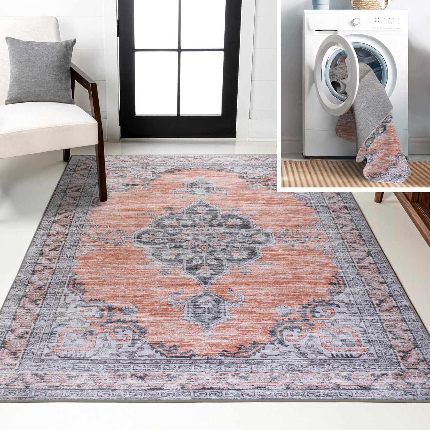image:imageJONATHAN Y Machine Washable Indoor Area Rug 5X8 Dark GrayYellow Wincer Chenille Cottage Medallion for Living Room Bedroom Kitchen Office EasyCleaning PetFriendly NonShedding WSH202C5WincerorangeGray
