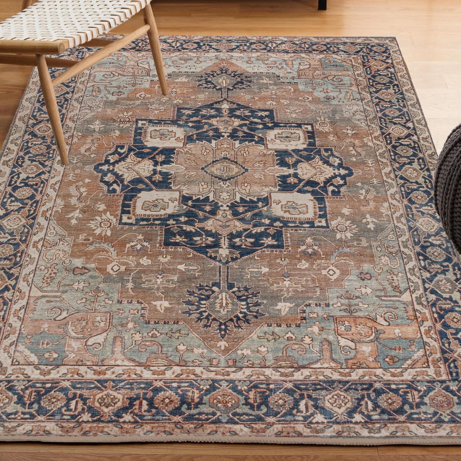 image:imageJONATHAN Y Machine Washable Indoor Area Rug 5X8 TerracottaNavy Dalyan Geometric Medallions for Living Room Bedroom Kitchen Office EasyCleaning PetFriendly NonShedding WSH101A5MarisbeigeBlue