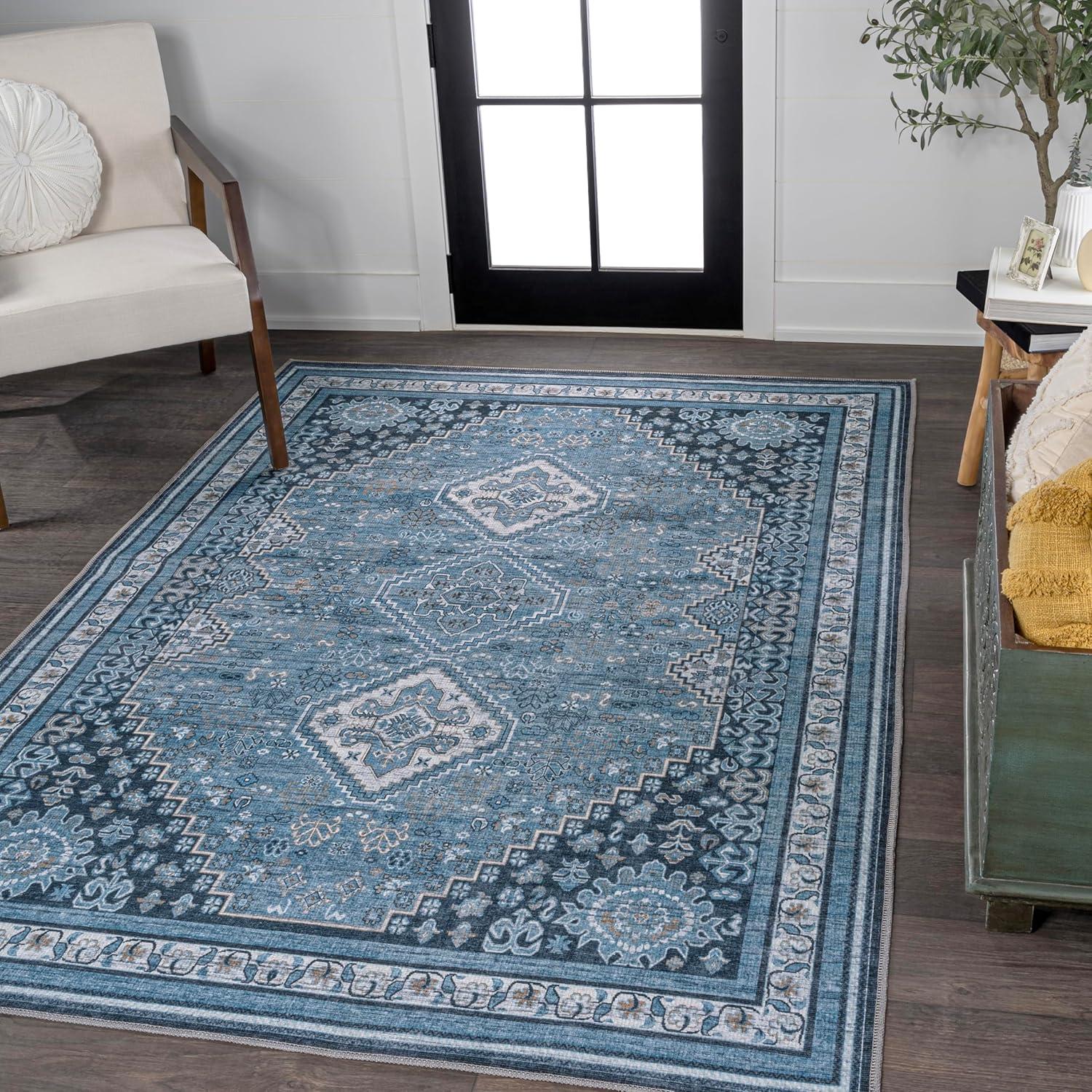 image:imageJONATHAN Y Machine Washable Indoor Area Rug 5X8 TerracottaNavy Dalyan Geometric Medallions for Living Room Bedroom Kitchen Office EasyCleaning PetFriendly NonShedding WSH101A5DalyanblueGray