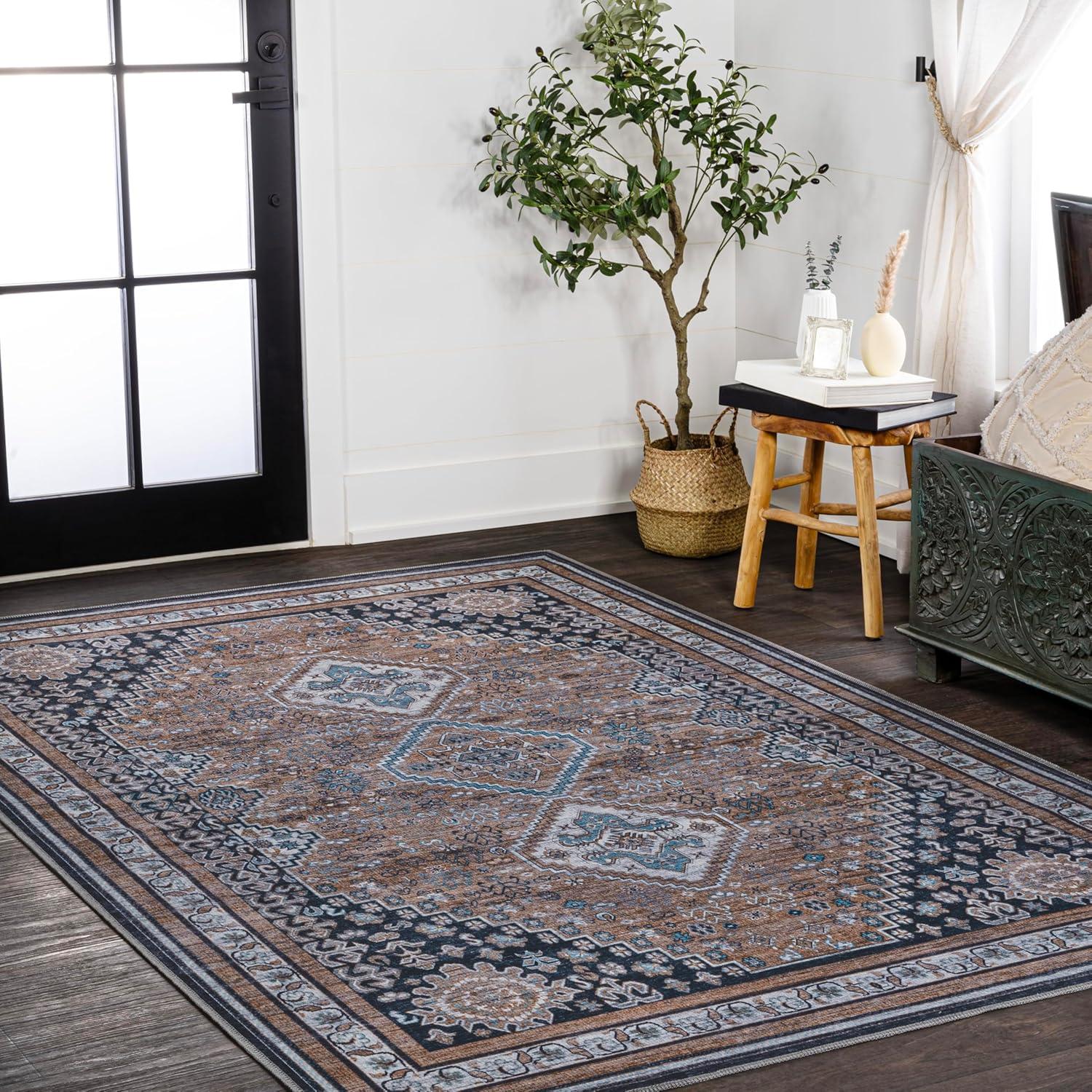 image:imageJONATHAN Y Machine Washable Indoor Area Rug 5X8 TerracottaNavy Dalyan Geometric Medallions for Living Room Bedroom Kitchen Office EasyCleaning PetFriendly NonShedding WSH101A5DalyanbrownBlueGray