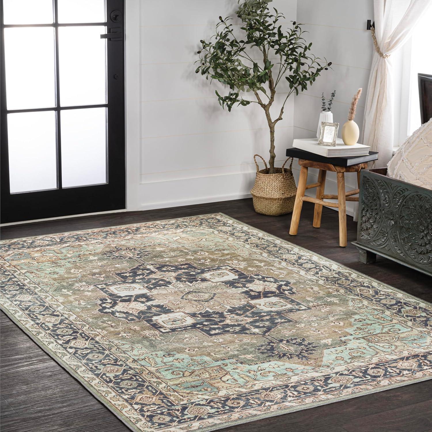image:imageJONATHAN Y Machine Washable Indoor Area Rug 5X8 TerracottaNavy Dalyan Geometric Medallions for Living Room Bedroom Kitchen Office EasyCleaning PetFriendly NonShedding WSH101A5Marislight GreenTanBlue
