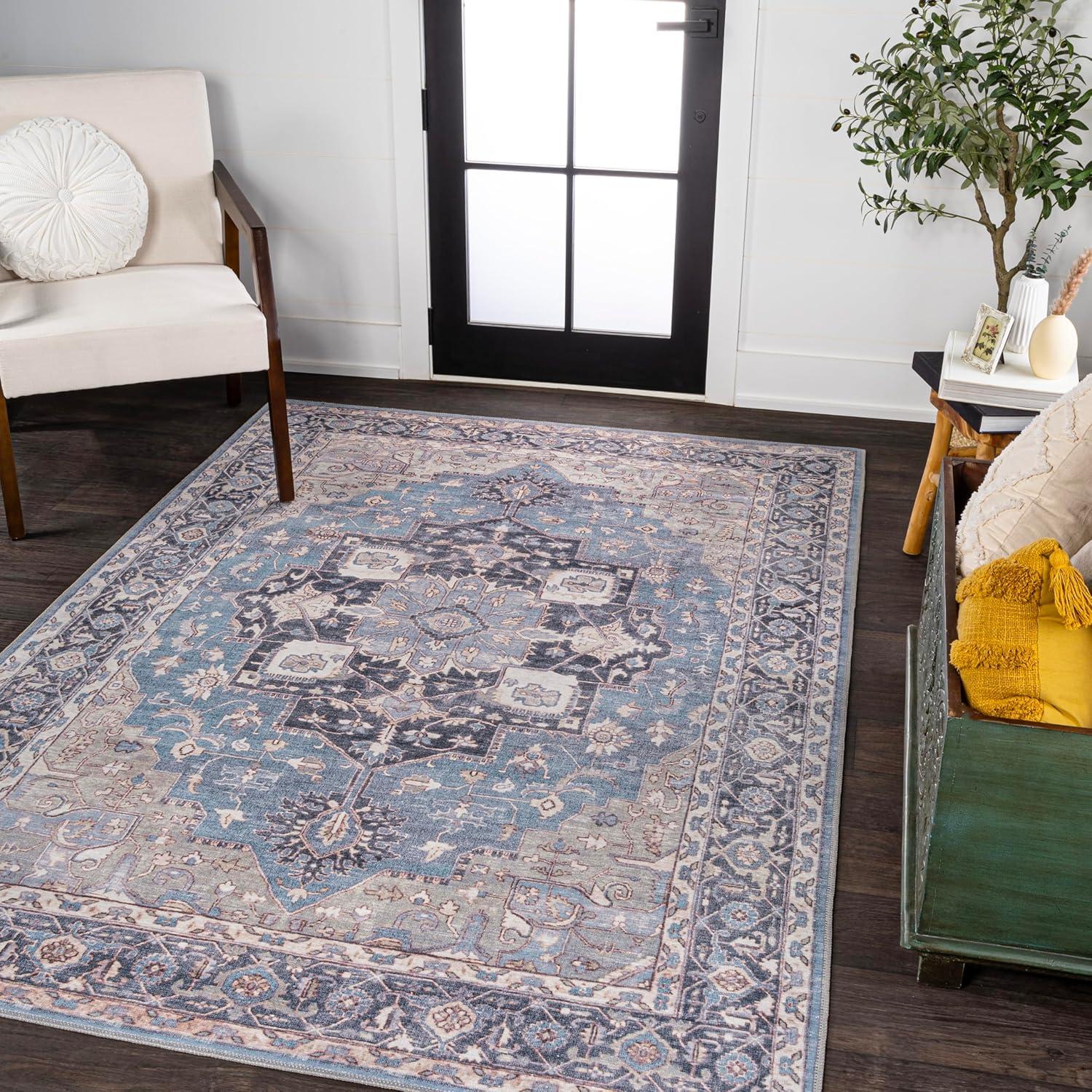 image:imageJONATHAN Y Machine Washable Indoor Area Rug 5X8 TerracottaNavy Dalyan Geometric Medallions for Living Room Bedroom Kitchen Office EasyCleaning PetFriendly NonShedding WSH101A5MarisblueCream
