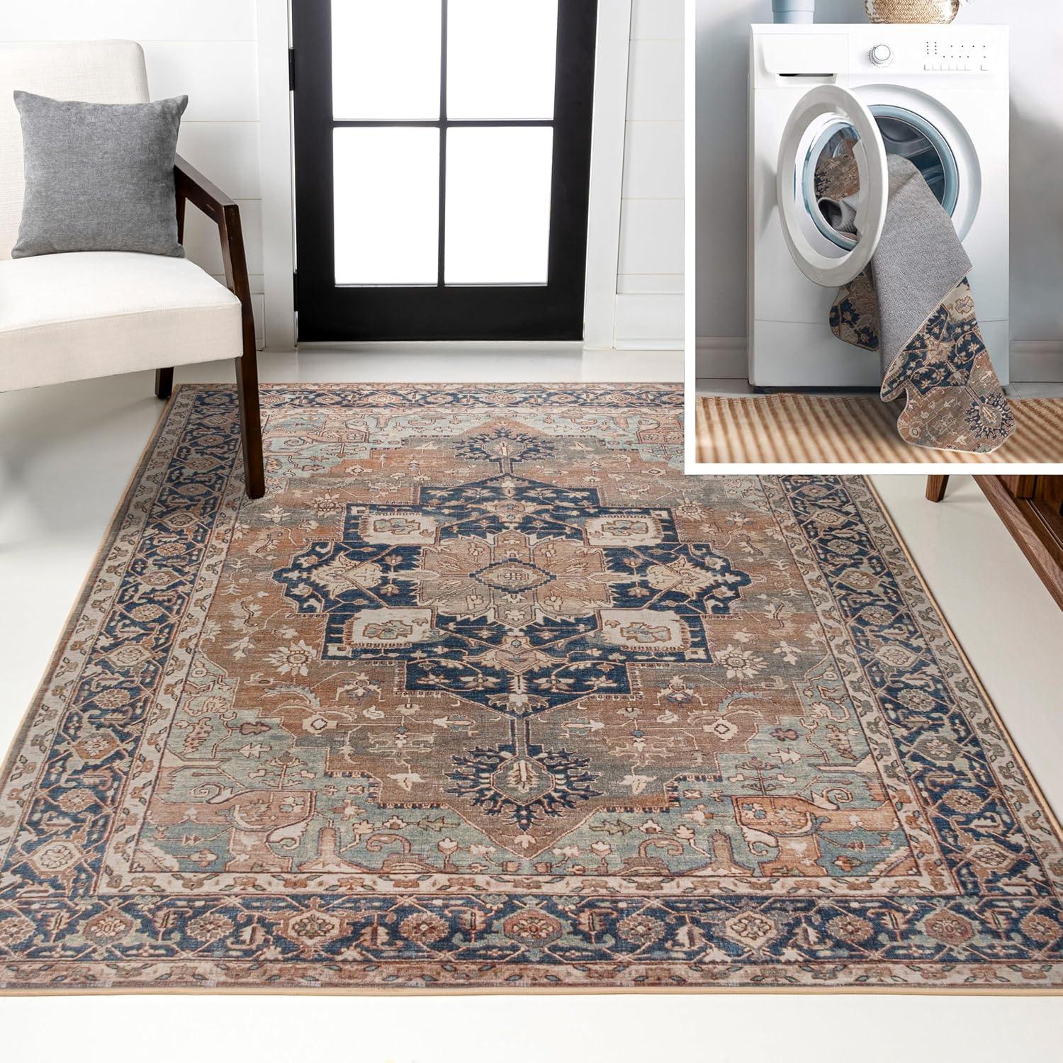 image:imageJONATHAN Y Machine Washable Indoor Area Rug 5X8 TerracottaNavy Dalyan Geometric Medallions for Living Room Bedroom Kitchen Office EasyCleaning PetFriendly NonShedding WSH101A5MarisbeigeBlue