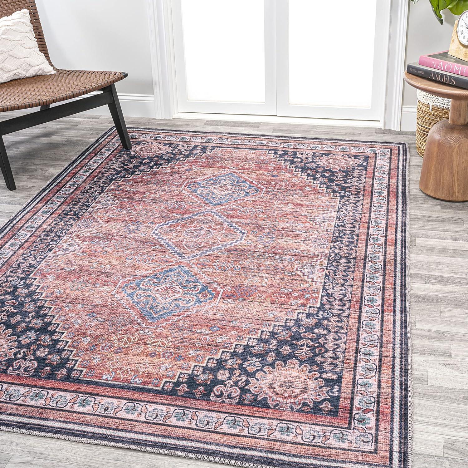 image:imageJONATHAN Y Machine Washable Indoor Area Rug 5X8 TerracottaNavy Dalyan Geometric Medallions for Living Room Bedroom Kitchen Office EasyCleaning PetFriendly NonShedding WSH101A5DalyanterraNavy