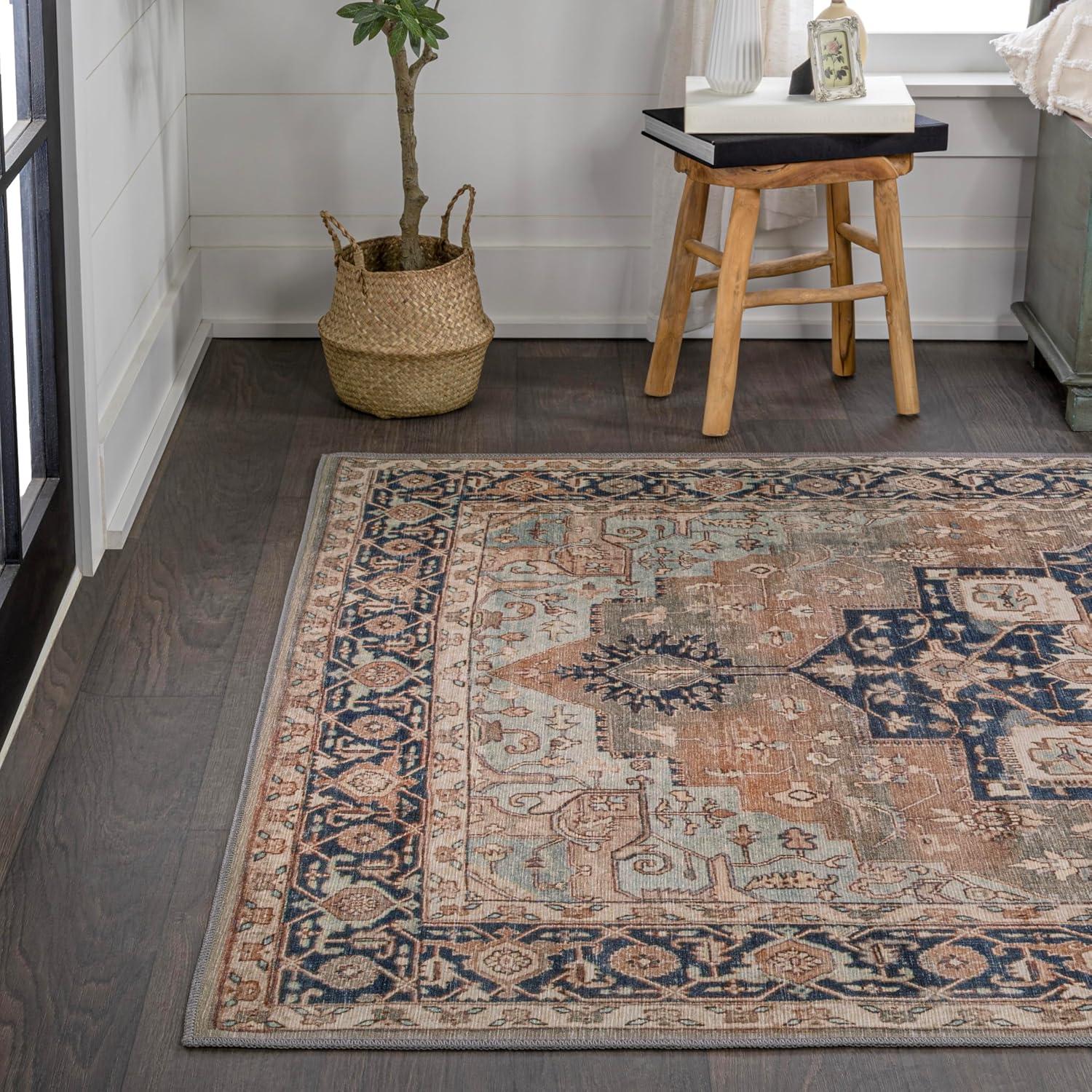 image:imageJONATHAN Y Machine Washable Indoor Area Rug 5X8 TerracottaNavy Dalyan Geometric Medallions for Living Room Bedroom Kitchen Office EasyCleaning PetFriendly NonShedding WSH101A5MarisbeigeBlue