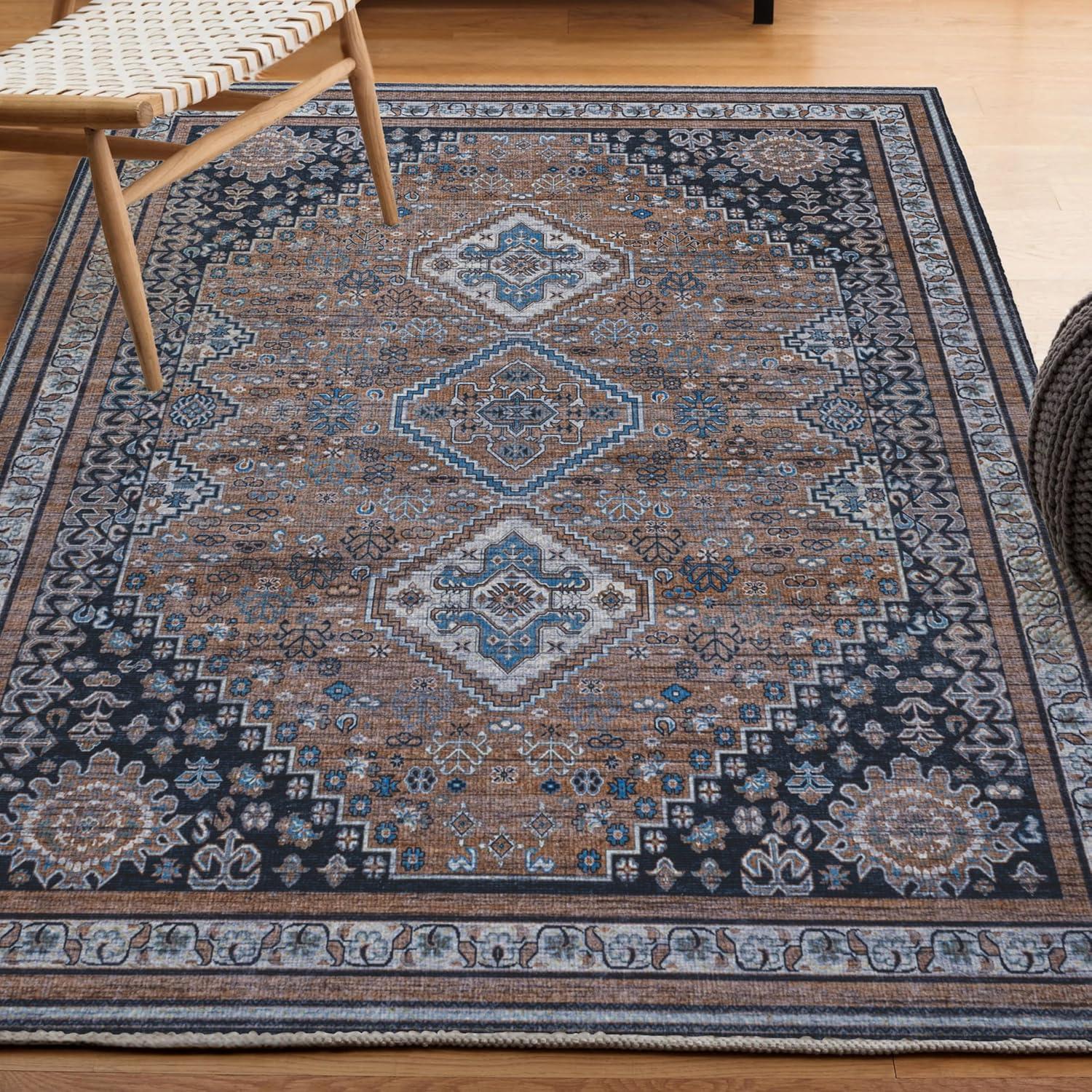 image:imageJONATHAN Y Machine Washable Indoor Area Rug 5X8 TerracottaNavy Dalyan Geometric Medallions for Living Room Bedroom Kitchen Office EasyCleaning PetFriendly NonShedding WSH101A5DalyanbrownBlueGray