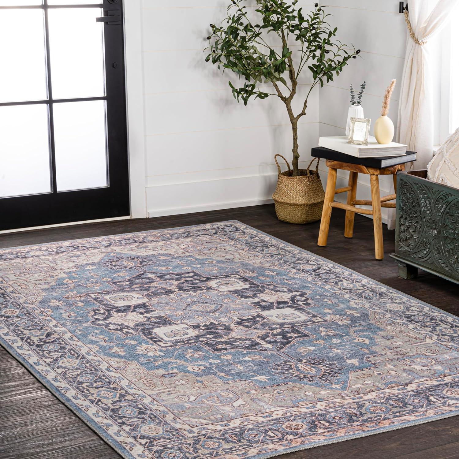 image:imageJONATHAN Y Machine Washable Indoor Area Rug 5X8 TerracottaNavy Dalyan Geometric Medallions for Living Room Bedroom Kitchen Office EasyCleaning PetFriendly NonShedding WSH101A5MarisblueCream