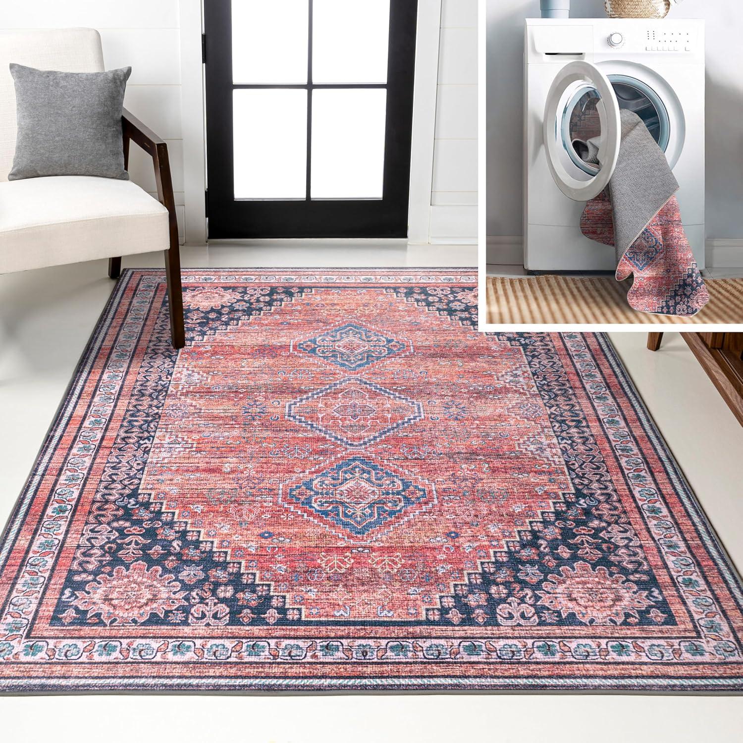 image:imageJONATHAN Y Machine Washable Indoor Area Rug 5X8 TerracottaNavy Dalyan Geometric Medallions for Living Room Bedroom Kitchen Office EasyCleaning PetFriendly NonShedding WSH101A5DalyanterraNavy