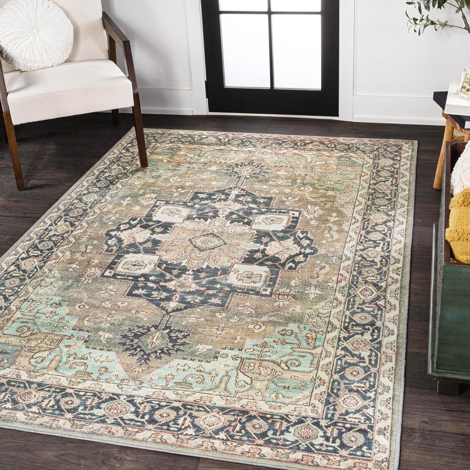 image:imageJONATHAN Y Machine Washable Indoor Area Rug 5X8 TerracottaNavy Dalyan Geometric Medallions for Living Room Bedroom Kitchen Office EasyCleaning PetFriendly NonShedding WSH101A5Marislight GreenTanBlue