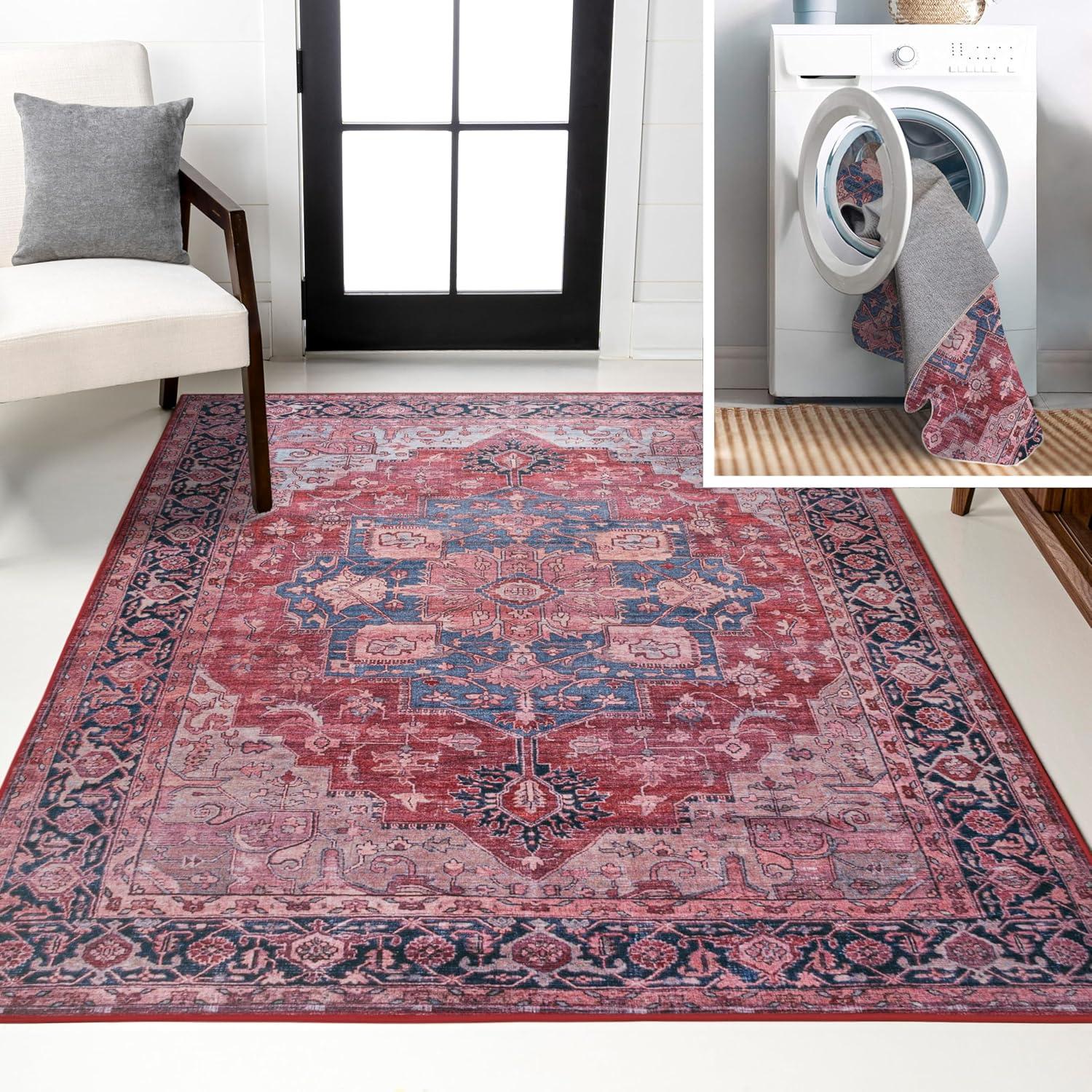 image:imageJONATHAN Y Machine Washable Indoor Area Rug 5X8 TerracottaNavy Dalyan Geometric Medallions for Living Room Bedroom Kitchen Office EasyCleaning PetFriendly NonShedding WSH101A5MarisredBlackBlue