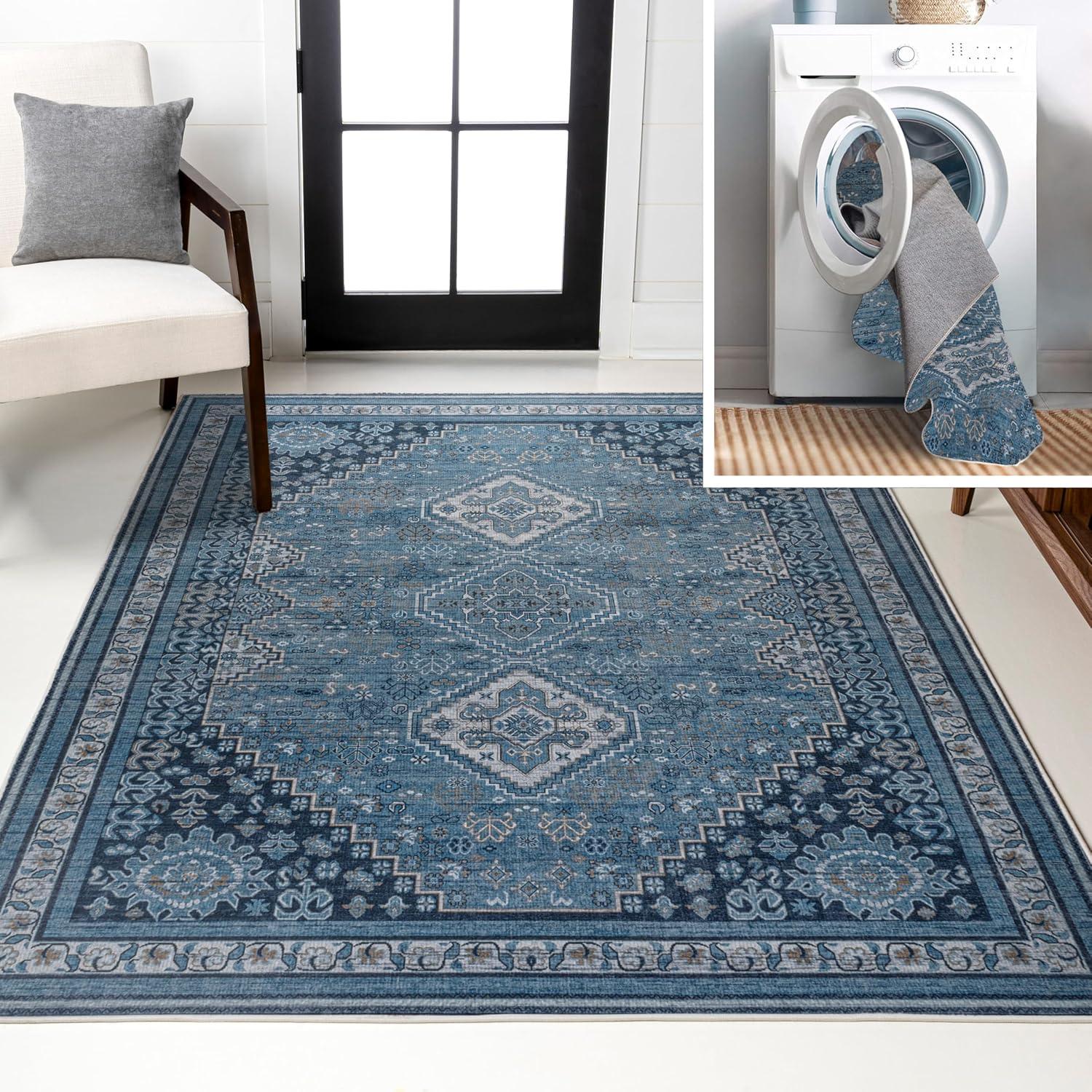 image:imageJONATHAN Y Machine Washable Indoor Area Rug 5X8 TerracottaNavy Dalyan Geometric Medallions for Living Room Bedroom Kitchen Office EasyCleaning PetFriendly NonShedding WSH101A5DalyanblueGray