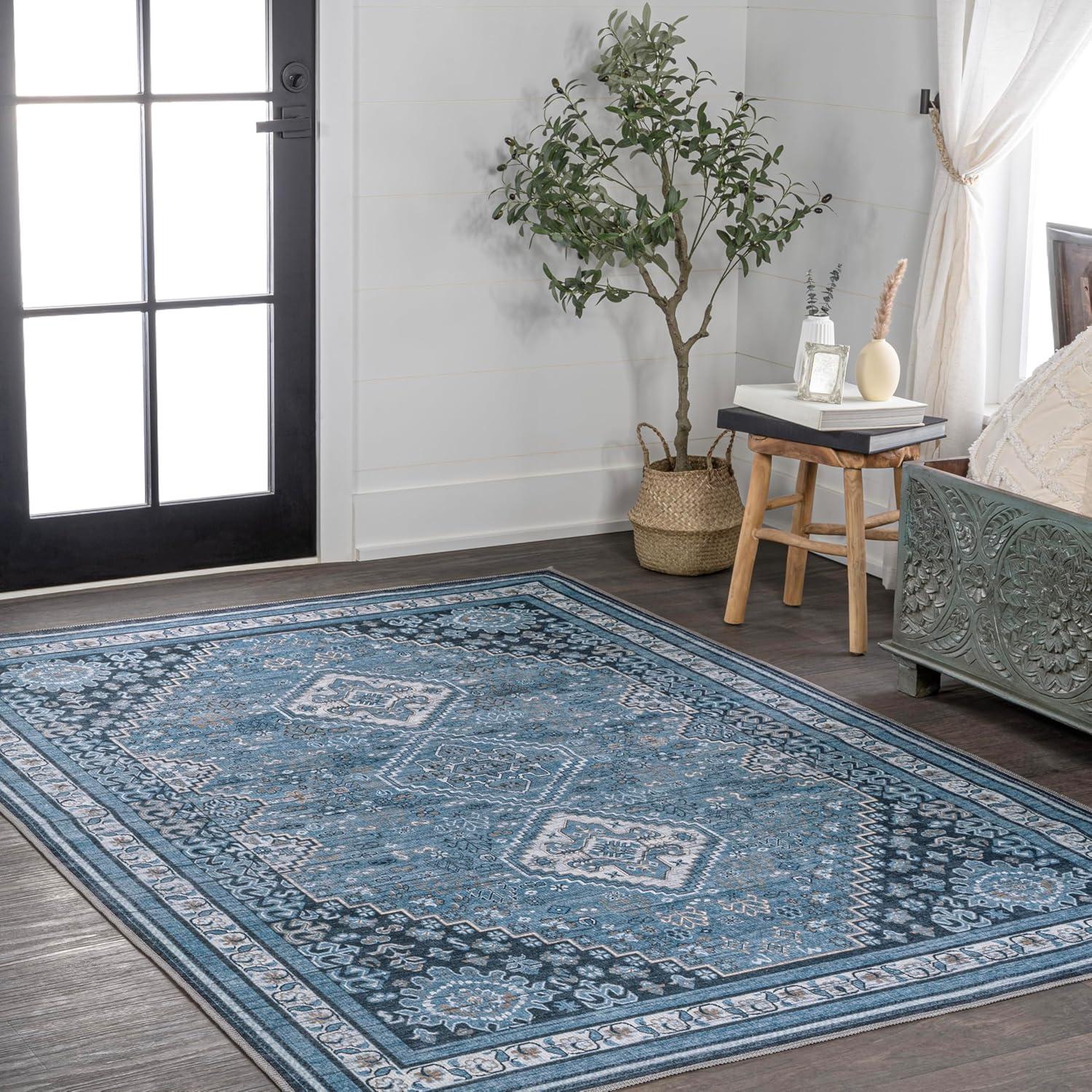 image:imageJONATHAN Y Machine Washable Indoor Area Rug 5X8 TerracottaNavy Dalyan Geometric Medallions for Living Room Bedroom Kitchen Office EasyCleaning PetFriendly NonShedding WSH101A5DalyanblueGray