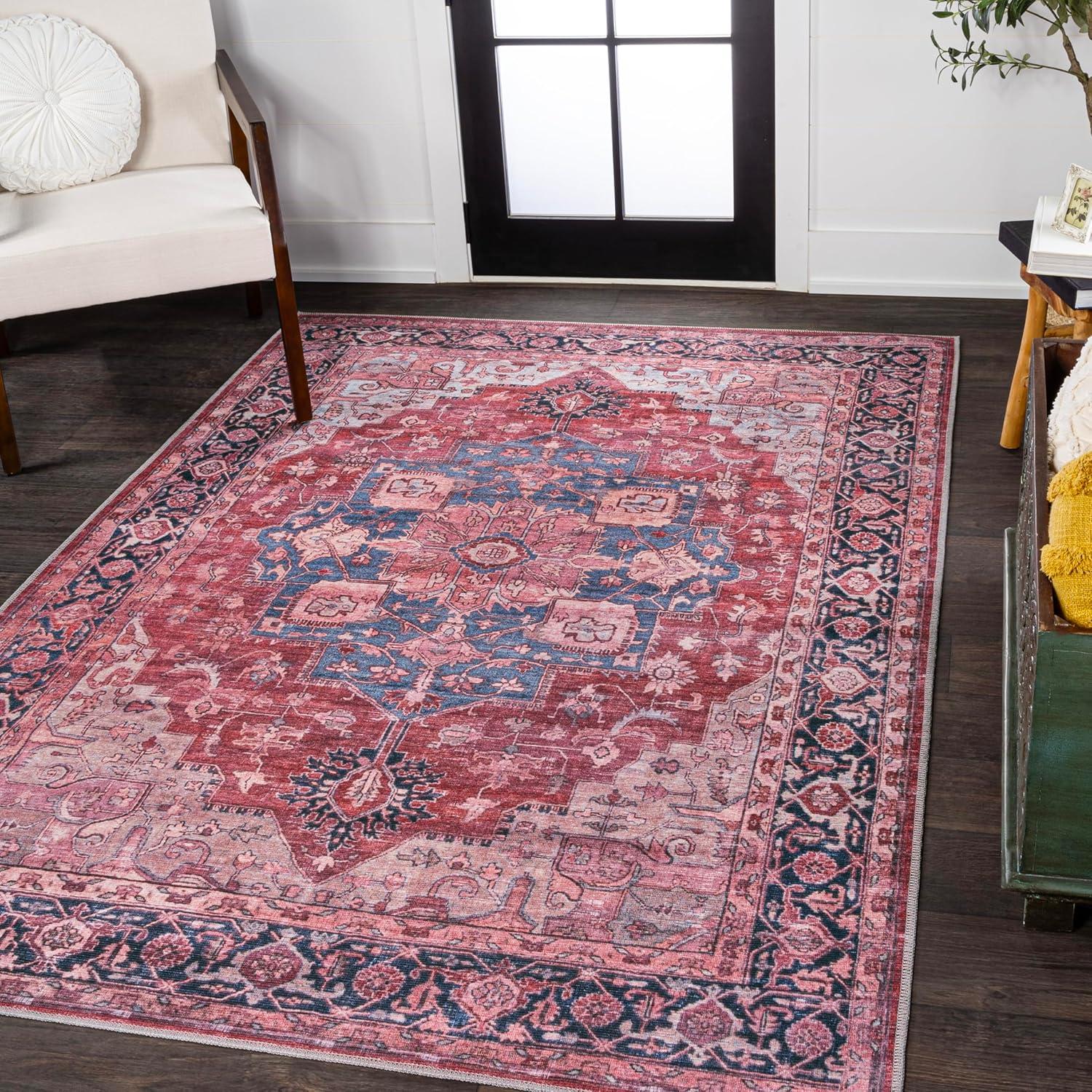 image:imageJONATHAN Y Machine Washable Indoor Area Rug 5X8 TerracottaNavy Dalyan Geometric Medallions for Living Room Bedroom Kitchen Office EasyCleaning PetFriendly NonShedding WSH101A5MarisredBlackBlue