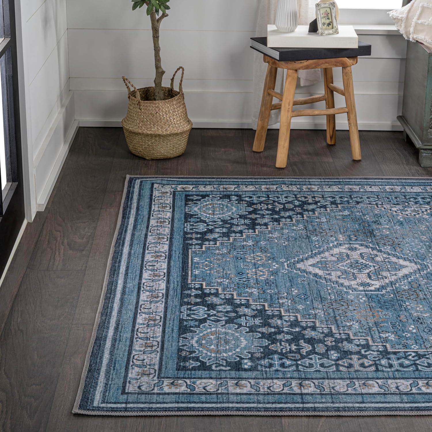 image:imageJONATHAN Y Machine Washable Indoor Area Rug 5X8 TerracottaNavy Dalyan Geometric Medallions for Living Room Bedroom Kitchen Office EasyCleaning PetFriendly NonShedding WSH101A5DalyanblueGray