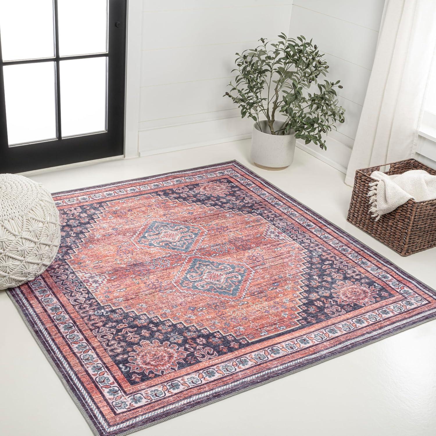 image:imageJONATHAN Y Machine Washable Indoor Area Rug 5X8 TerracottaNavy Dalyan Geometric Medallions for Living Room Bedroom Kitchen Office EasyCleaning PetFriendly NonShedding WSH101A5DalyanterraNavy