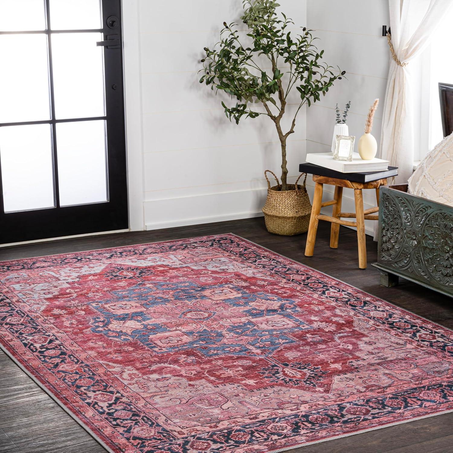 image:imageJONATHAN Y Machine Washable Indoor Area Rug 5X8 TerracottaNavy Dalyan Geometric Medallions for Living Room Bedroom Kitchen Office EasyCleaning PetFriendly NonShedding WSH101A5MarisredBlackBlue