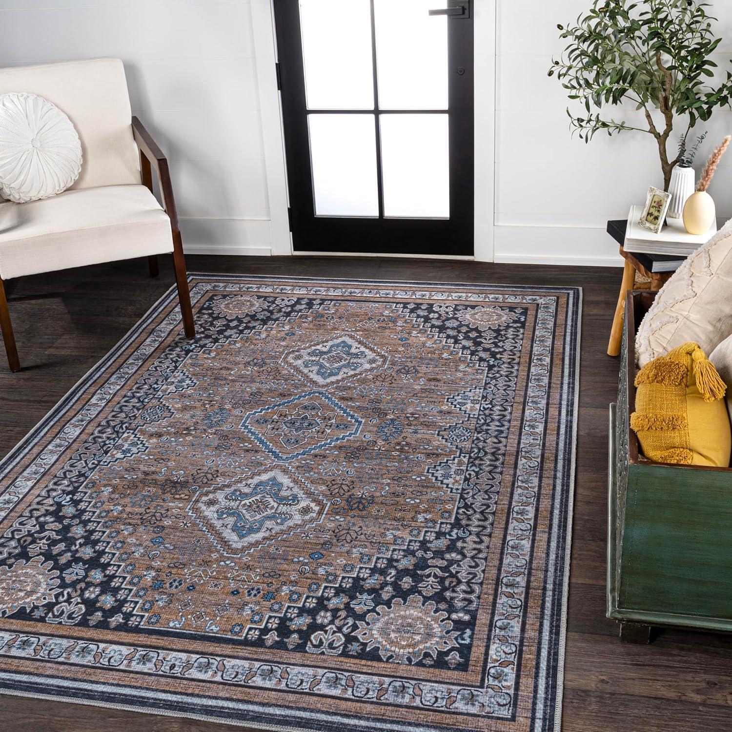 image:imageJONATHAN Y Machine Washable Indoor Area Rug 5X8 TerracottaNavy Dalyan Geometric Medallions for Living Room Bedroom Kitchen Office EasyCleaning PetFriendly NonShedding WSH101A5DalyanbrownBlueGray