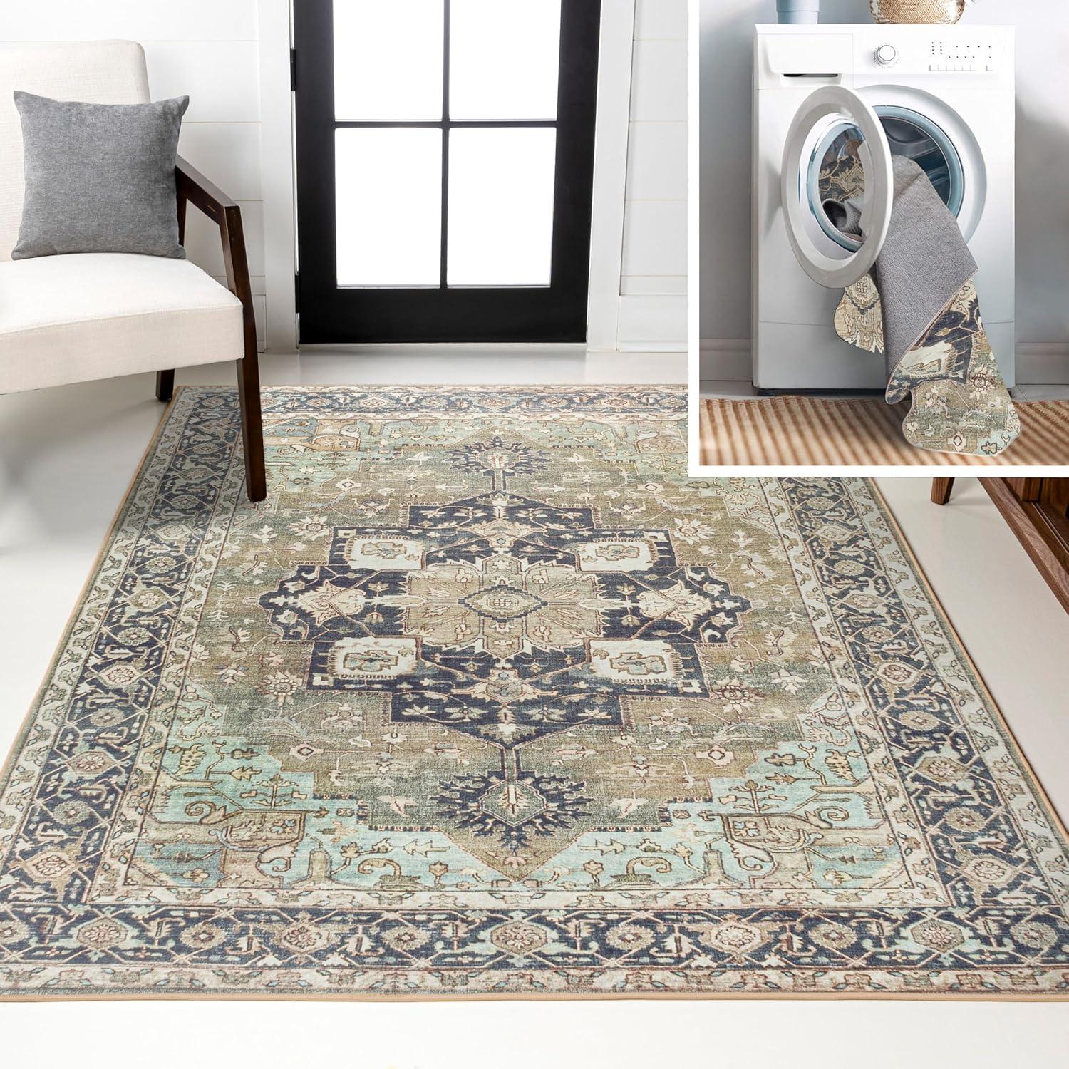 image:imageJONATHAN Y Machine Washable Indoor Area Rug 5X8 TerracottaNavy Dalyan Geometric Medallions for Living Room Bedroom Kitchen Office EasyCleaning PetFriendly NonShedding WSH101A5Marislight GreenTanBlue