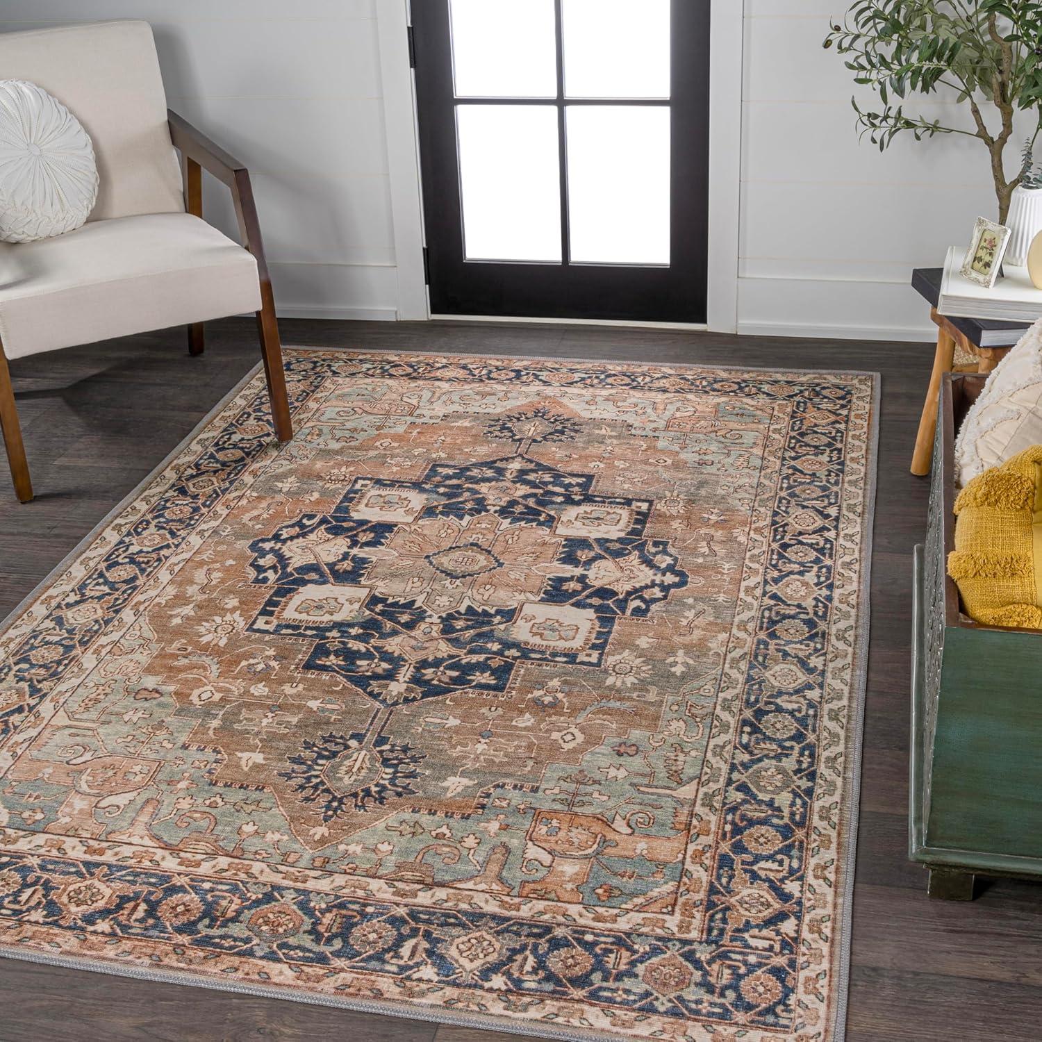 image:imageJONATHAN Y Machine Washable Indoor Area Rug 5X8 TerracottaNavy Dalyan Geometric Medallions for Living Room Bedroom Kitchen Office EasyCleaning PetFriendly NonShedding WSH101A5MarisbeigeBlue