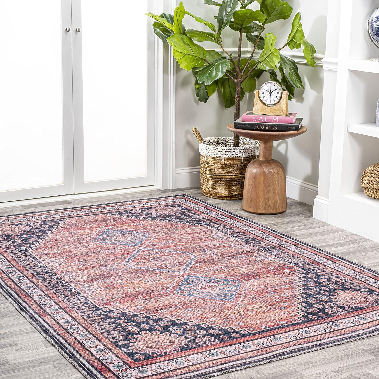 image:imageJONATHAN Y Machine Washable Indoor Area Rug 5X8 TerracottaNavy Dalyan Geometric Medallions for Living Room Bedroom Kitchen Office EasyCleaning PetFriendly NonShedding WSH101A5DalyanterraNavy