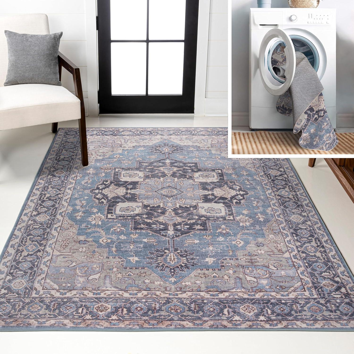 image:imageJONATHAN Y Machine Washable Indoor Area Rug 5X8 TerracottaNavy Dalyan Geometric Medallions for Living Room Bedroom Kitchen Office EasyCleaning PetFriendly NonShedding WSH101A5MarisblueCream