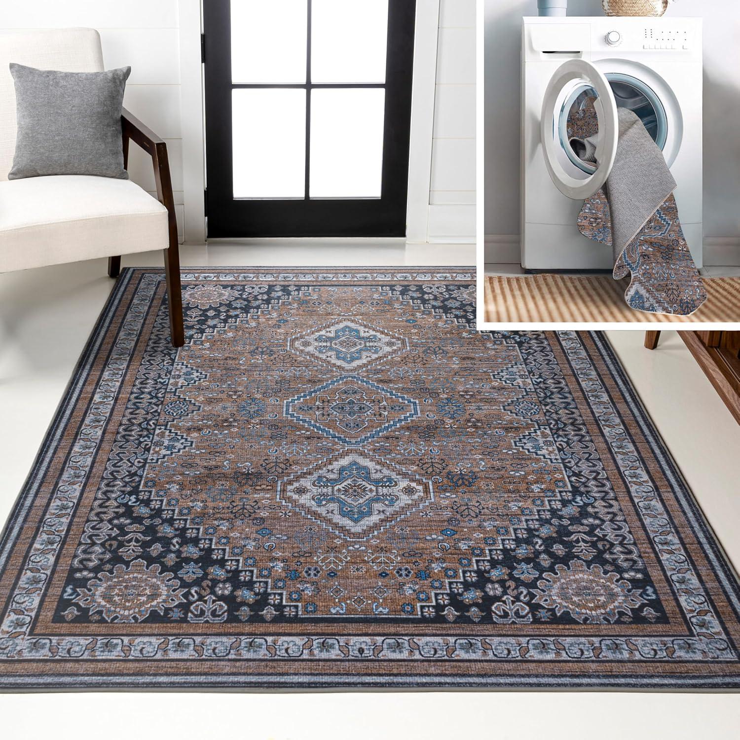 image:imageJONATHAN Y Machine Washable Indoor Area Rug 5X8 TerracottaNavy Dalyan Geometric Medallions for Living Room Bedroom Kitchen Office EasyCleaning PetFriendly NonShedding WSH101A5DalyanbrownBlueGray