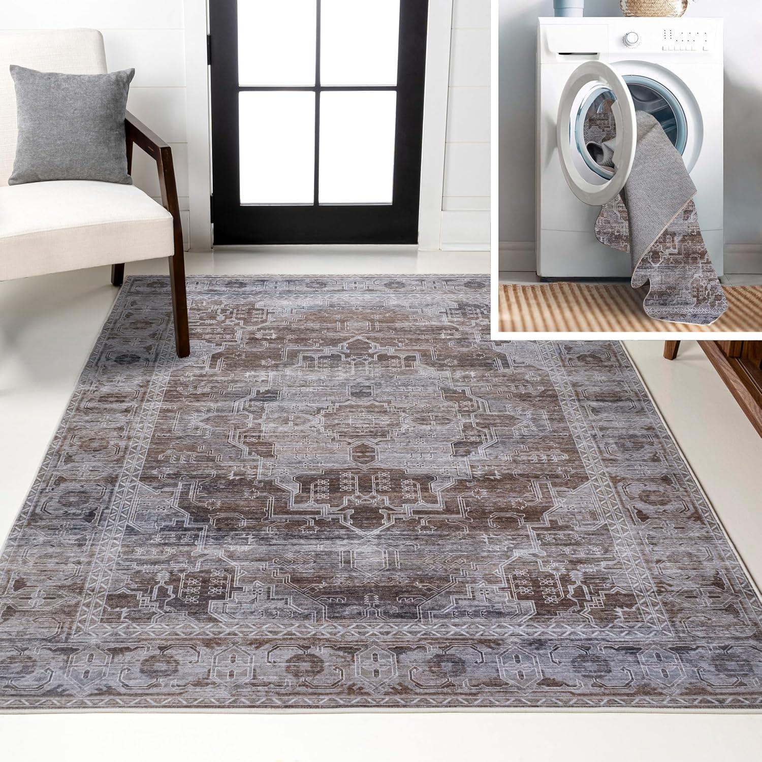 image:imageJONATHAN Y Machine Washable NavyCream Indoor Area Rug 5X8 ft Alanya Ornate Medallion for Living Room Bedroom Kitchen Office EasyCleaning High Traffic PetFriendly NonShedding WSH100A5AlanyabrownLight Gray
