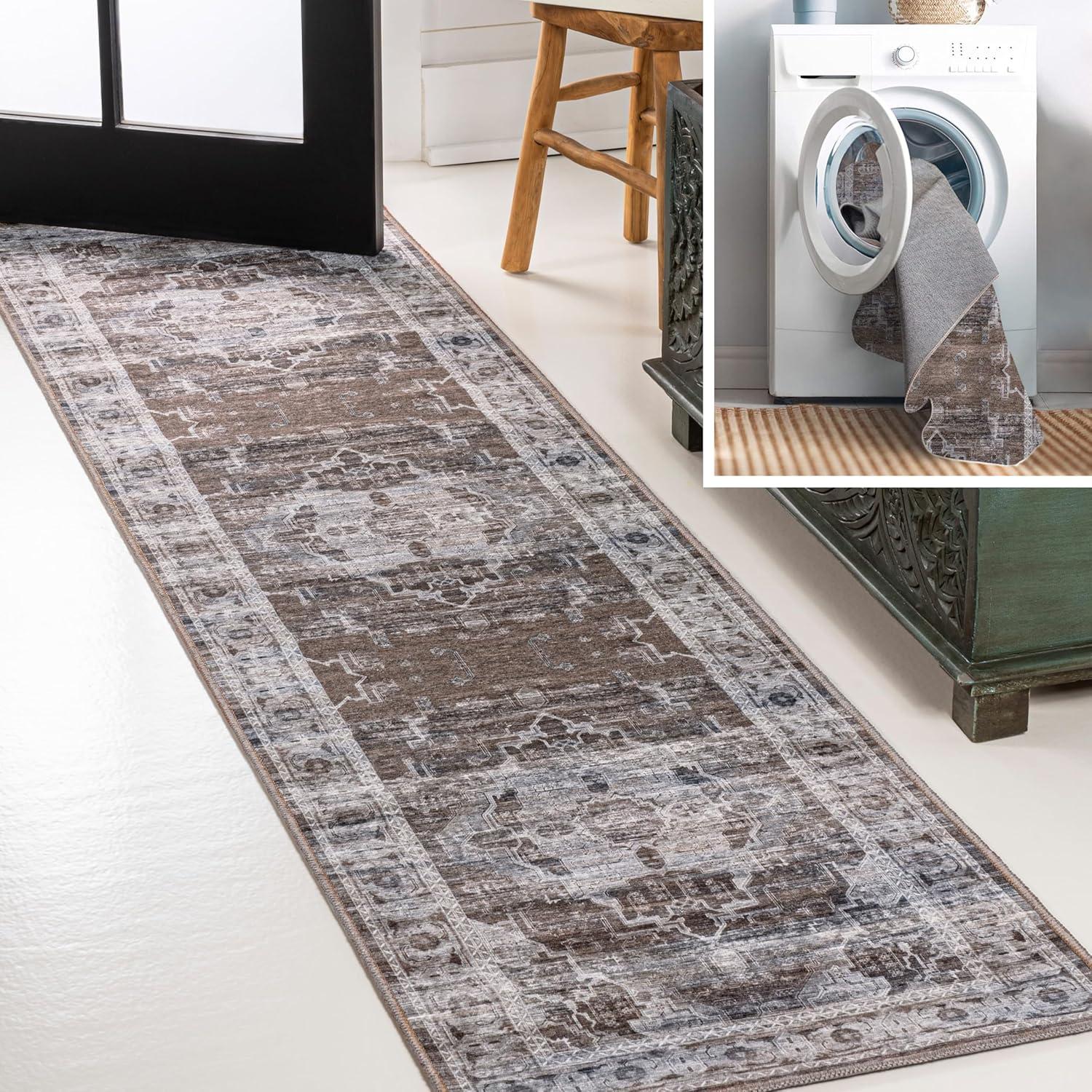 image:imageJONATHAN Y Machine Washable NavyCream Indoor Area Rug 5X8 ft Alanya Ornate Medallion for Living Room Bedroom Kitchen Office EasyCleaning High Traffic PetFriendly NonShedding WSH100A5AlanyabrownLight Gray