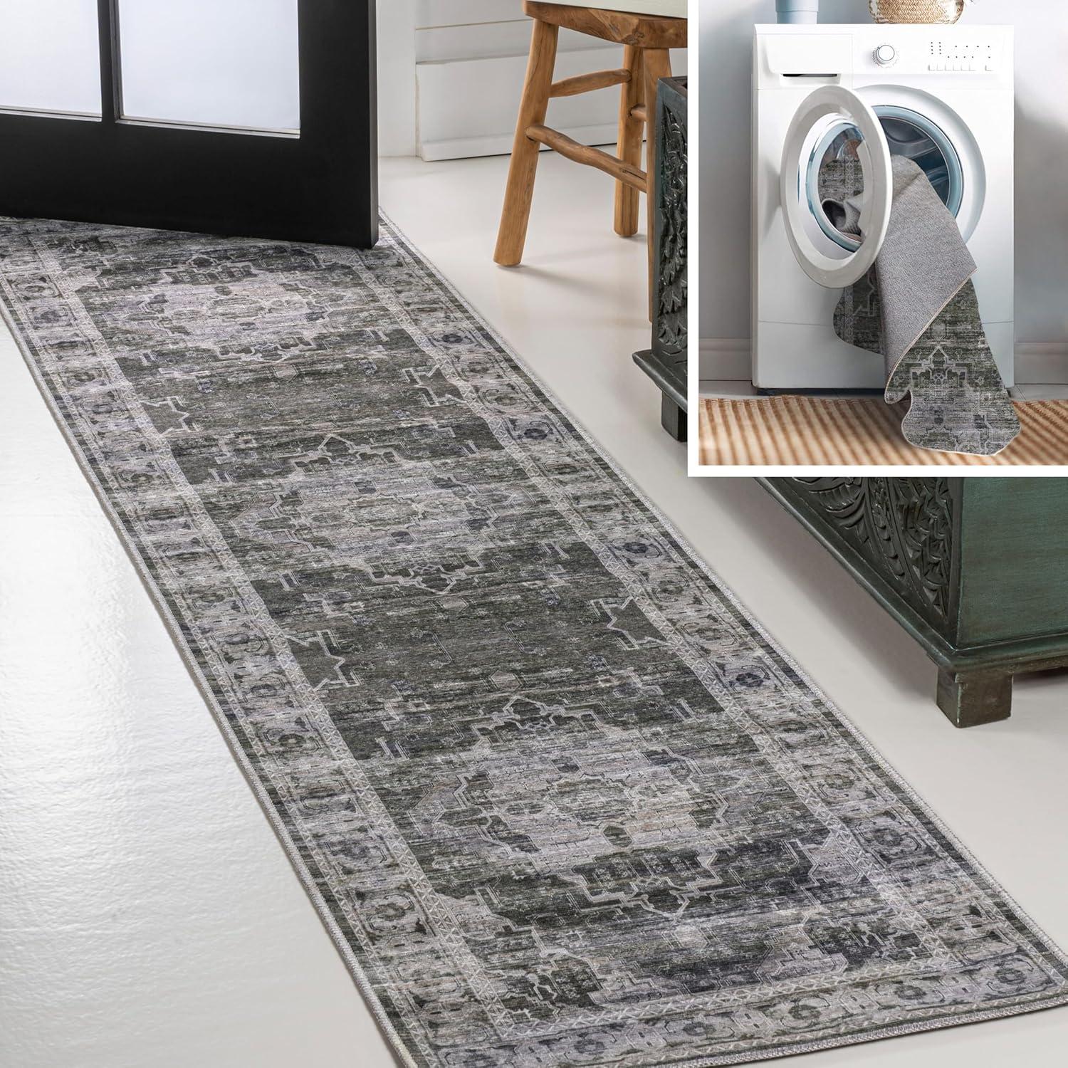 image:imageJONATHAN Y Machine Washable NavyCream Indoor Area Rug 5X8 ft Alanya Ornate Medallion for Living Room Bedroom Kitchen Office EasyCleaning High Traffic PetFriendly NonShedding WSH100A5Alanyadark GreenGray